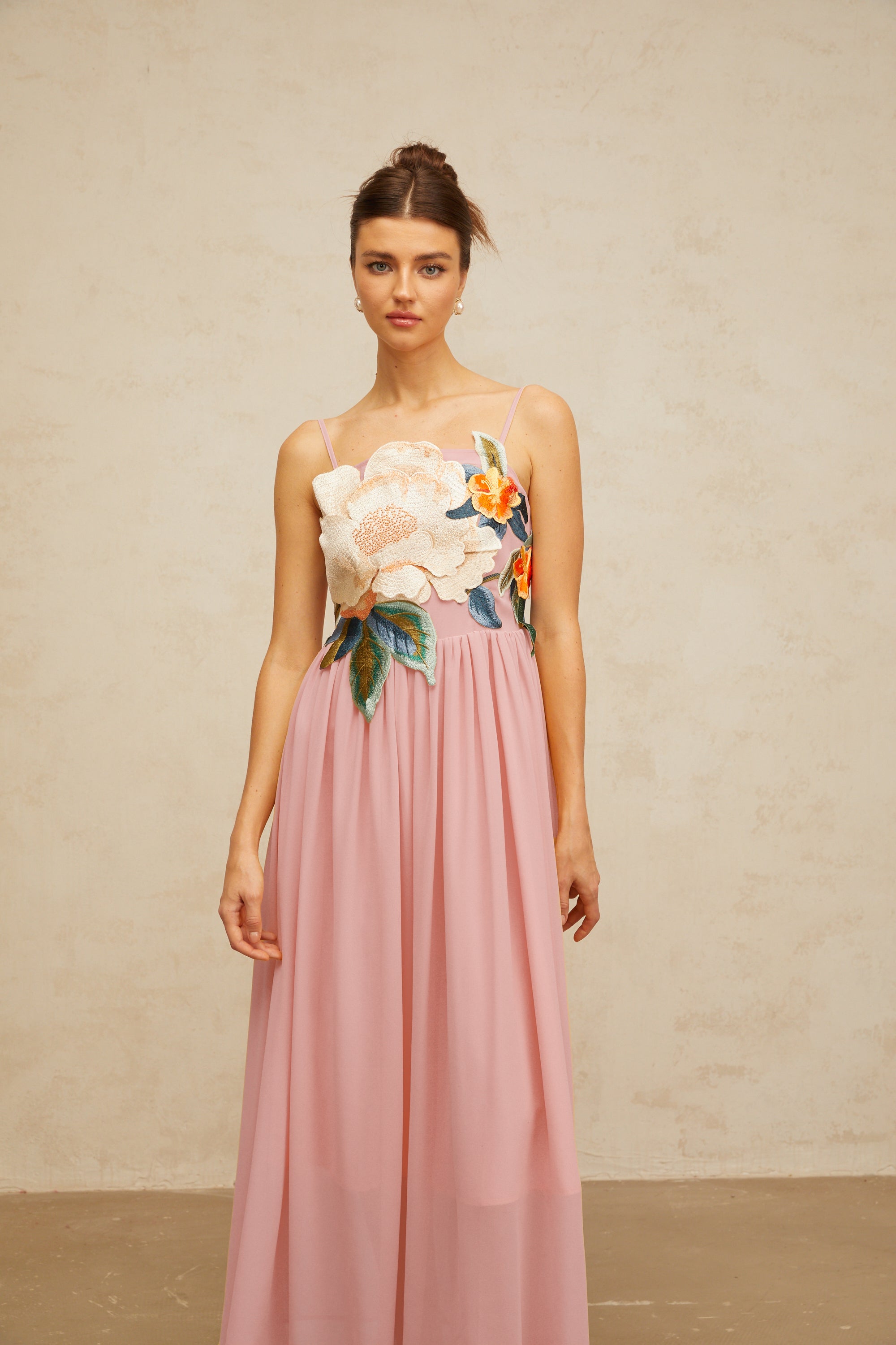 Josette floral-embroidered shirred maxi dress in Pink