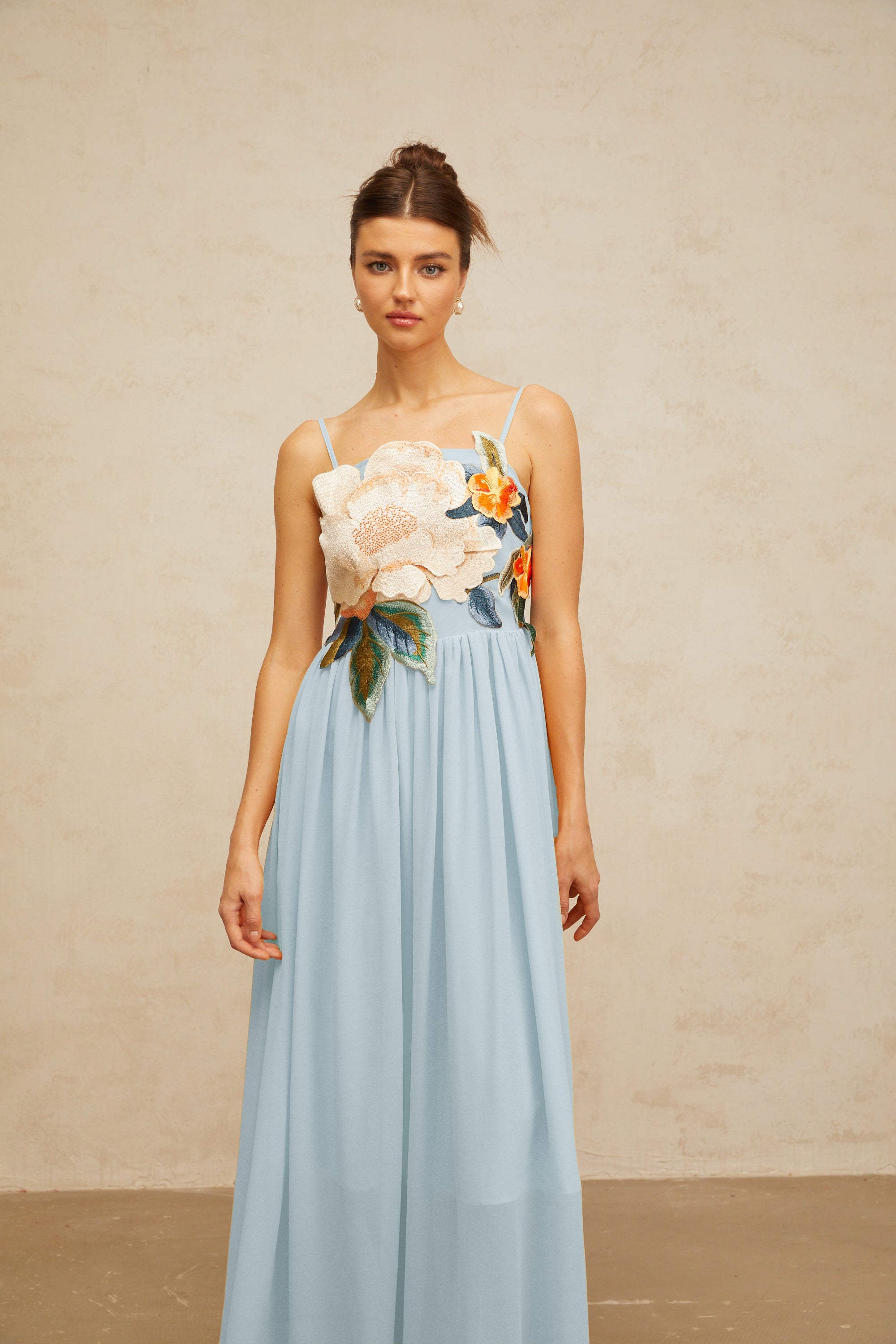 Josette floral-embroidered shirred maxi dress in Blue