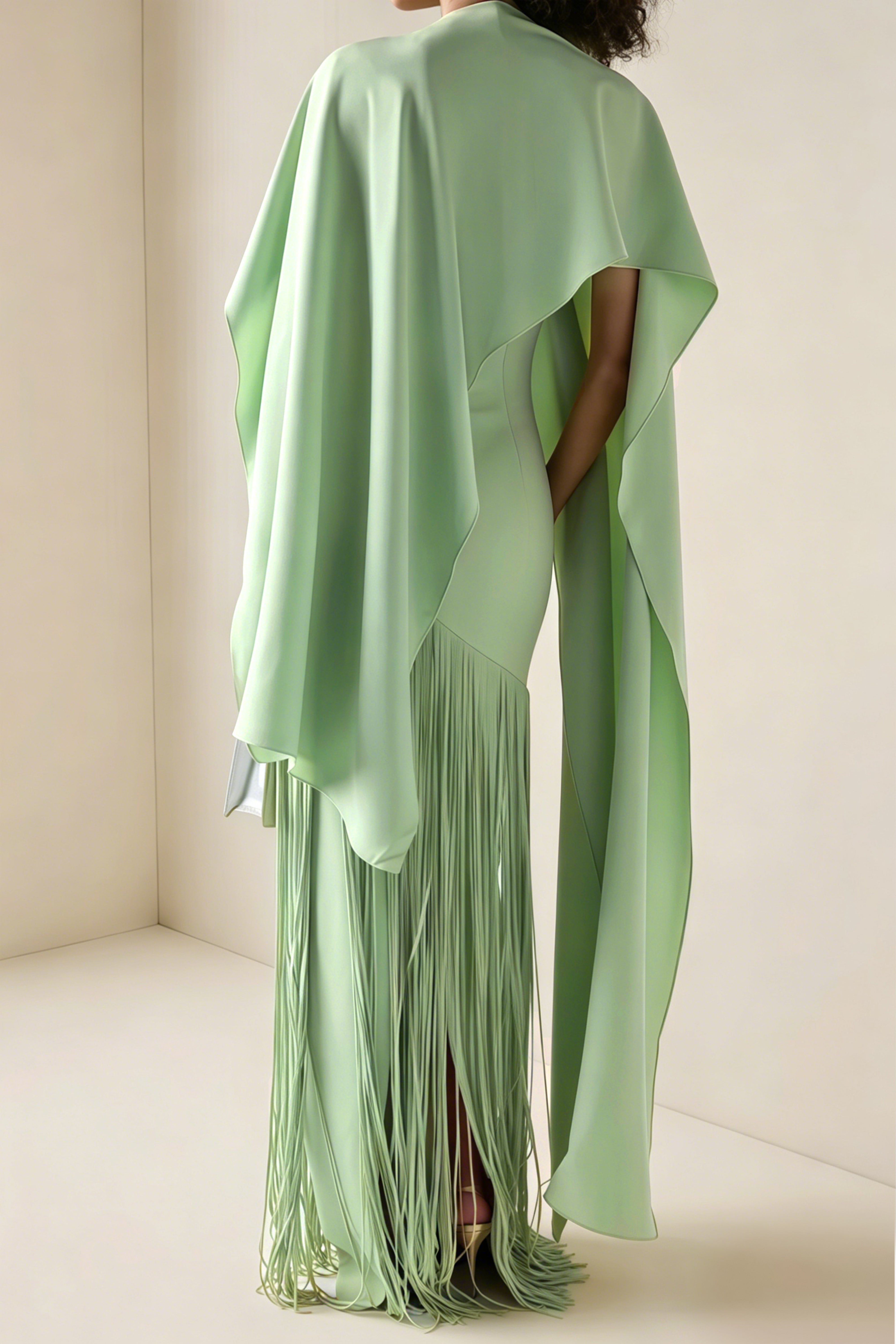 فستان ماكسي من كايتانا باللون الأخضر الزمردي مع حواف وبتصميم يشبه الرداء