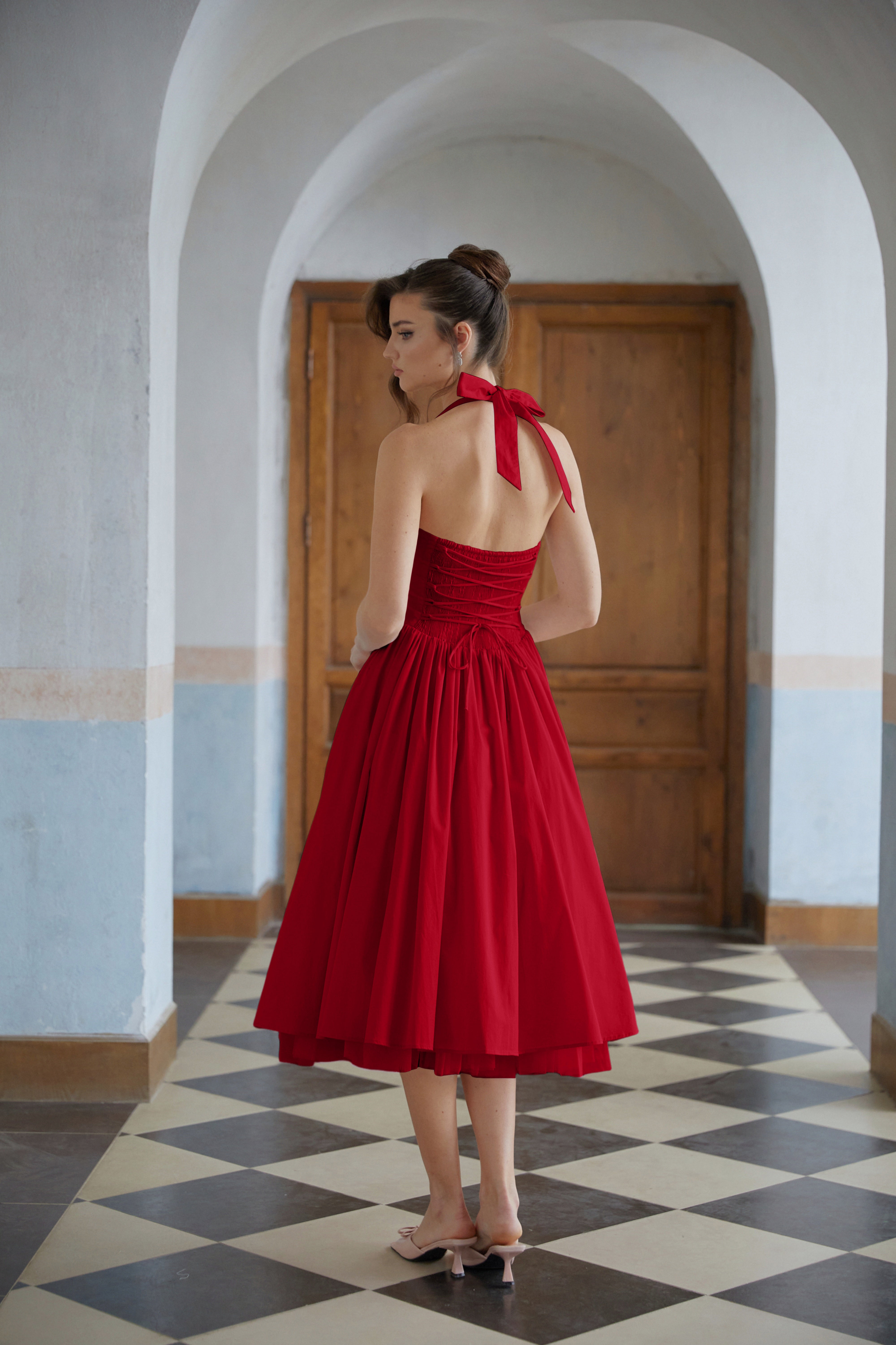 Eponine Red Layered Flared Hem Midi Dress