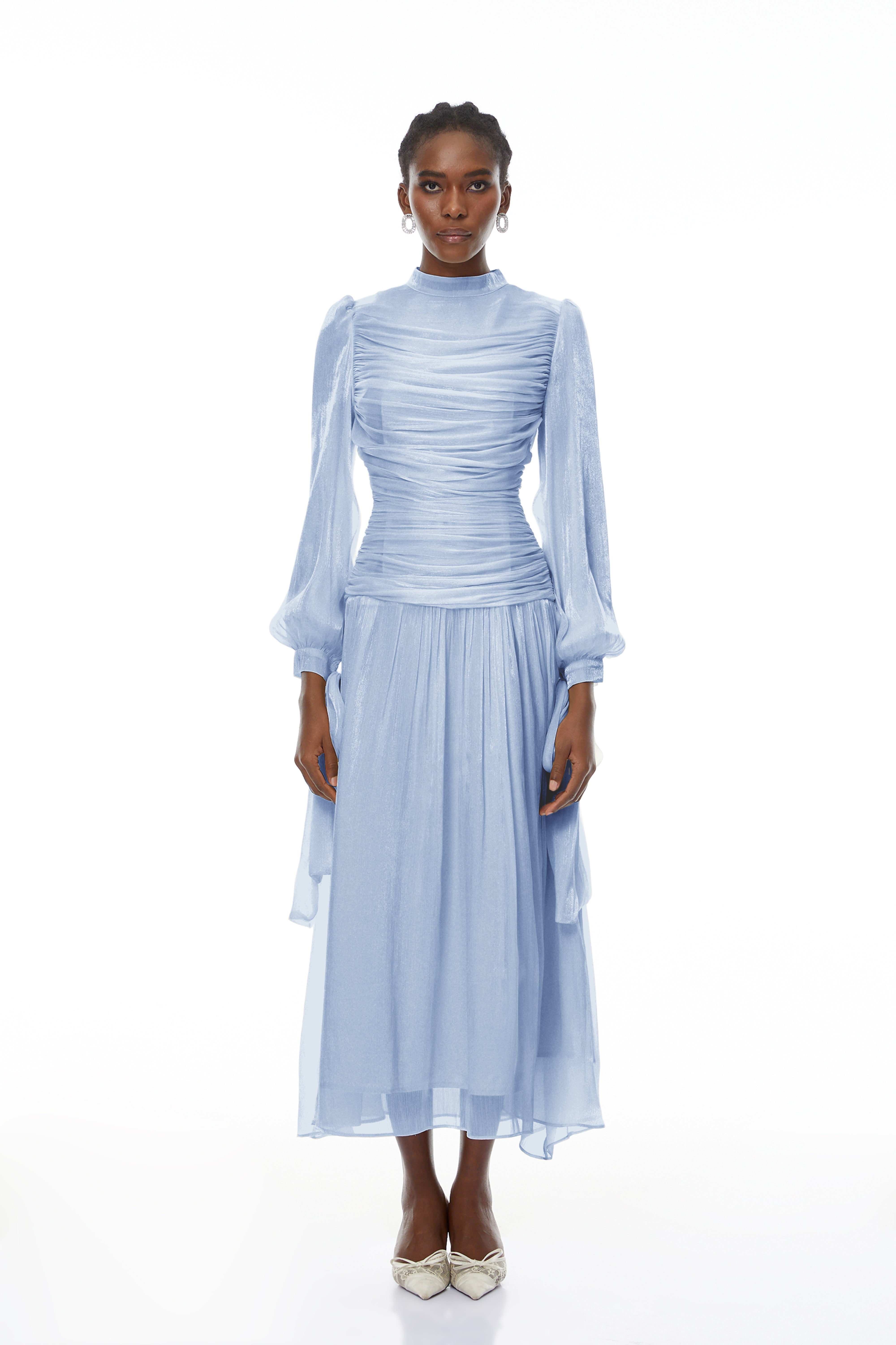 Katrín Blue Glossy Gathered Maxi Dress