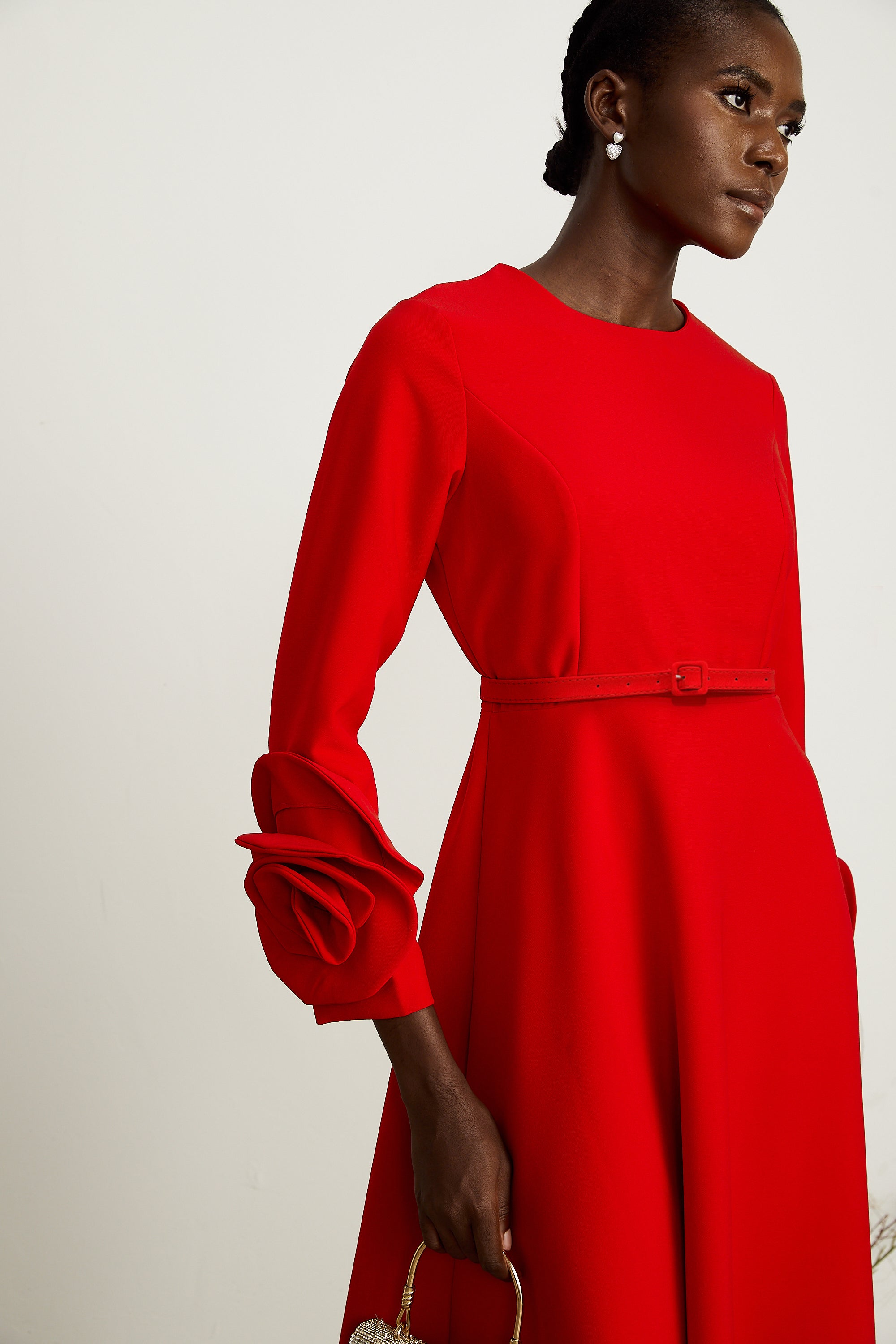 Elysia floral-embellished red long-sleeve dress