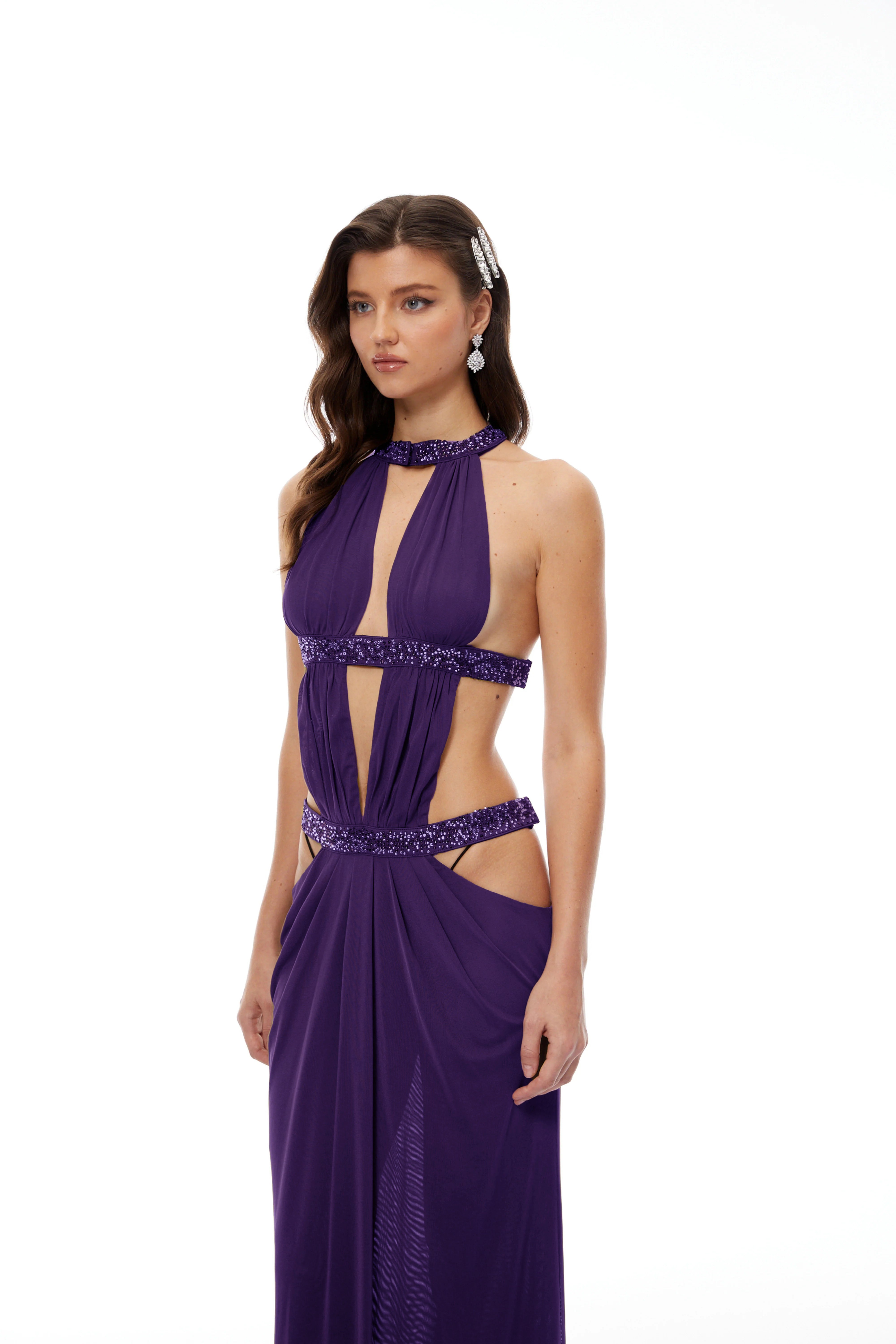 Maëlle Lila gerafftes Maxikleid mit Ausschnitten