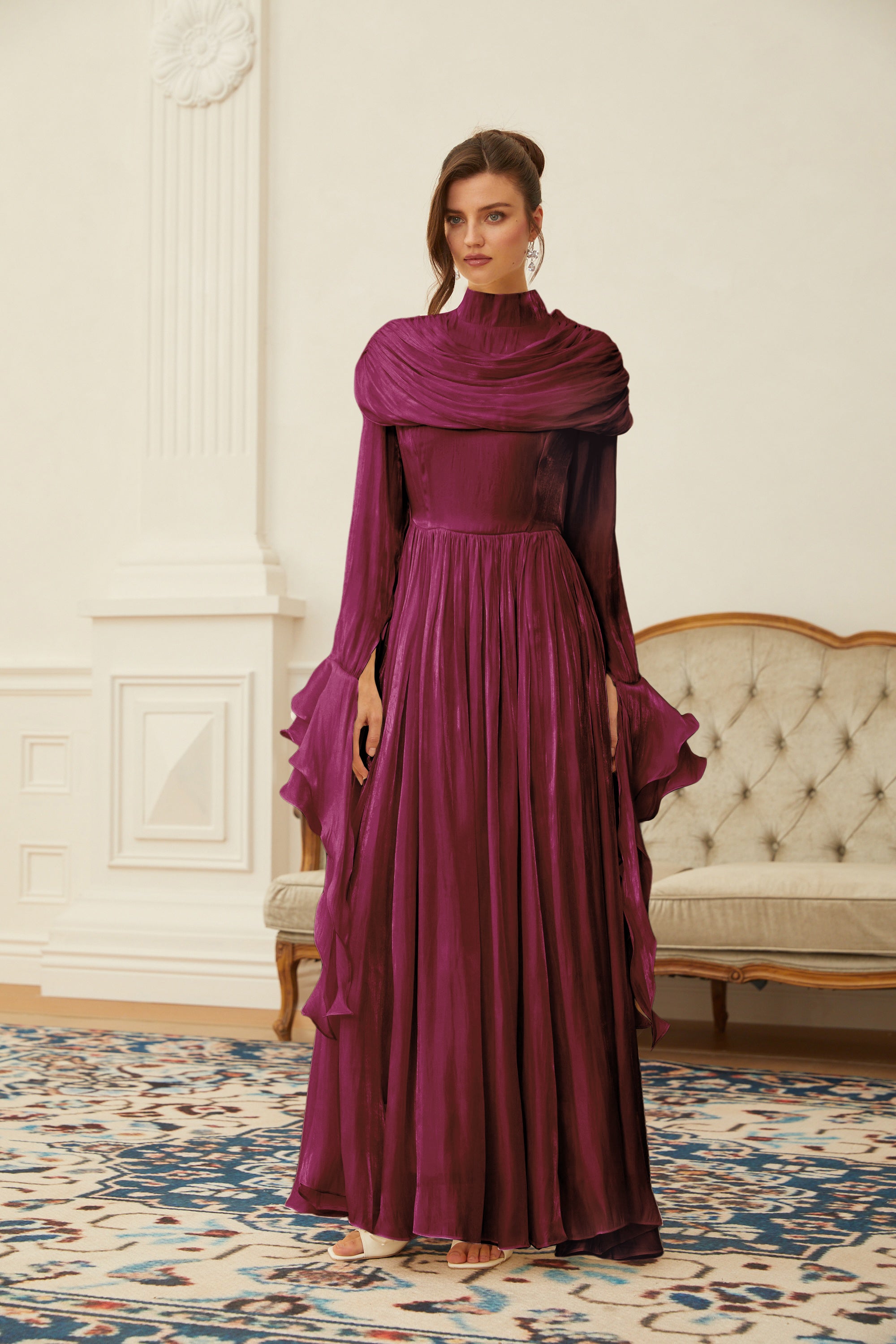 Danuta Burgundy Ruched Pleated Maxi Dress