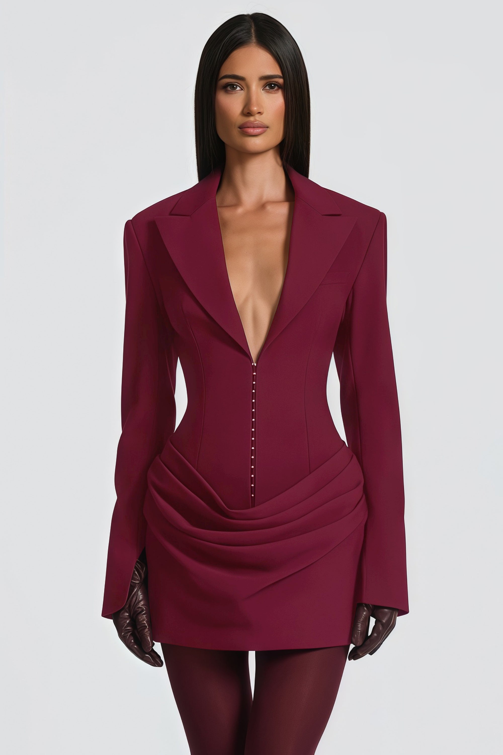 Rosette Burgundy Ruched Blazer Mini Dress