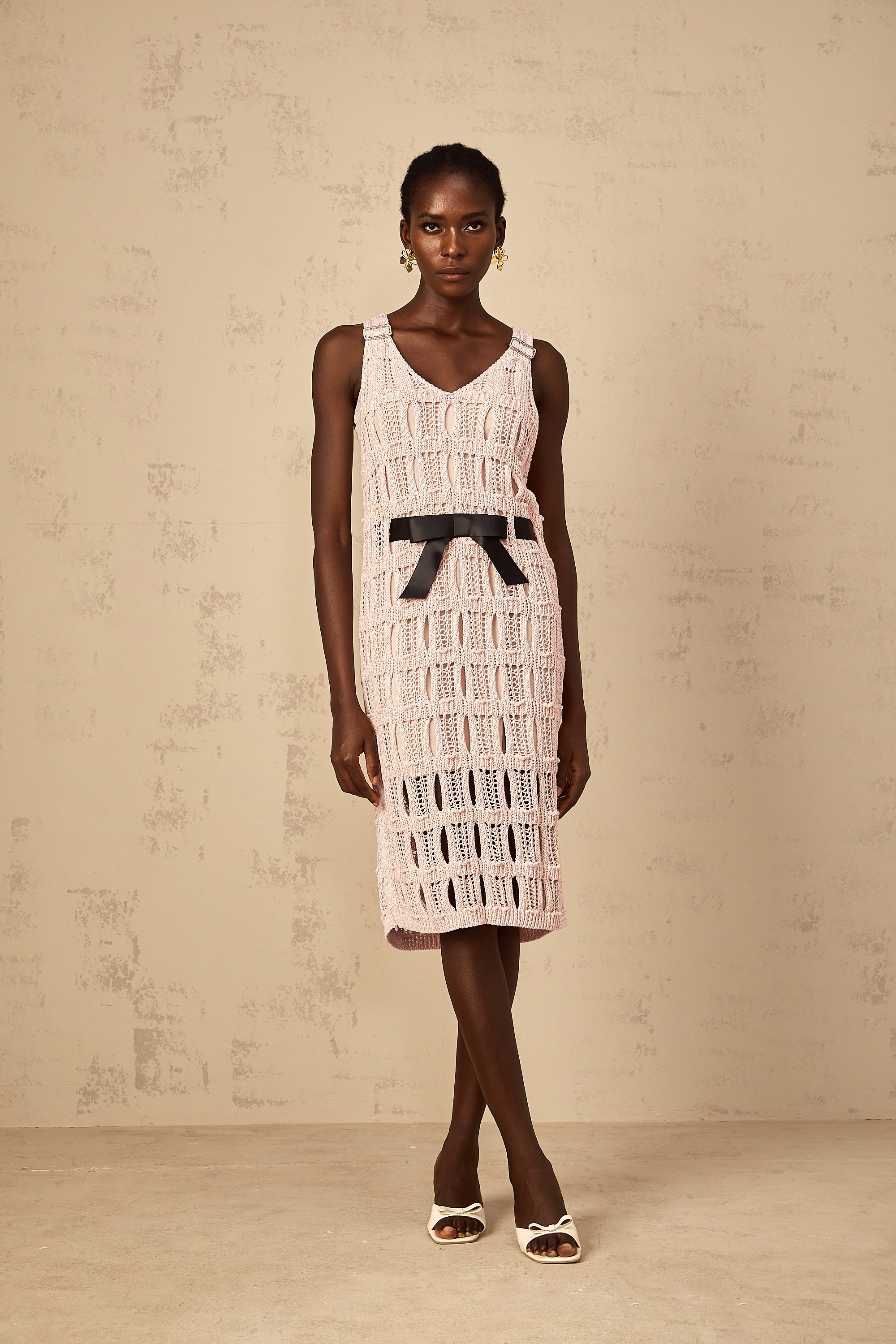 Elodie pink bowknot crochet-knit midi dress