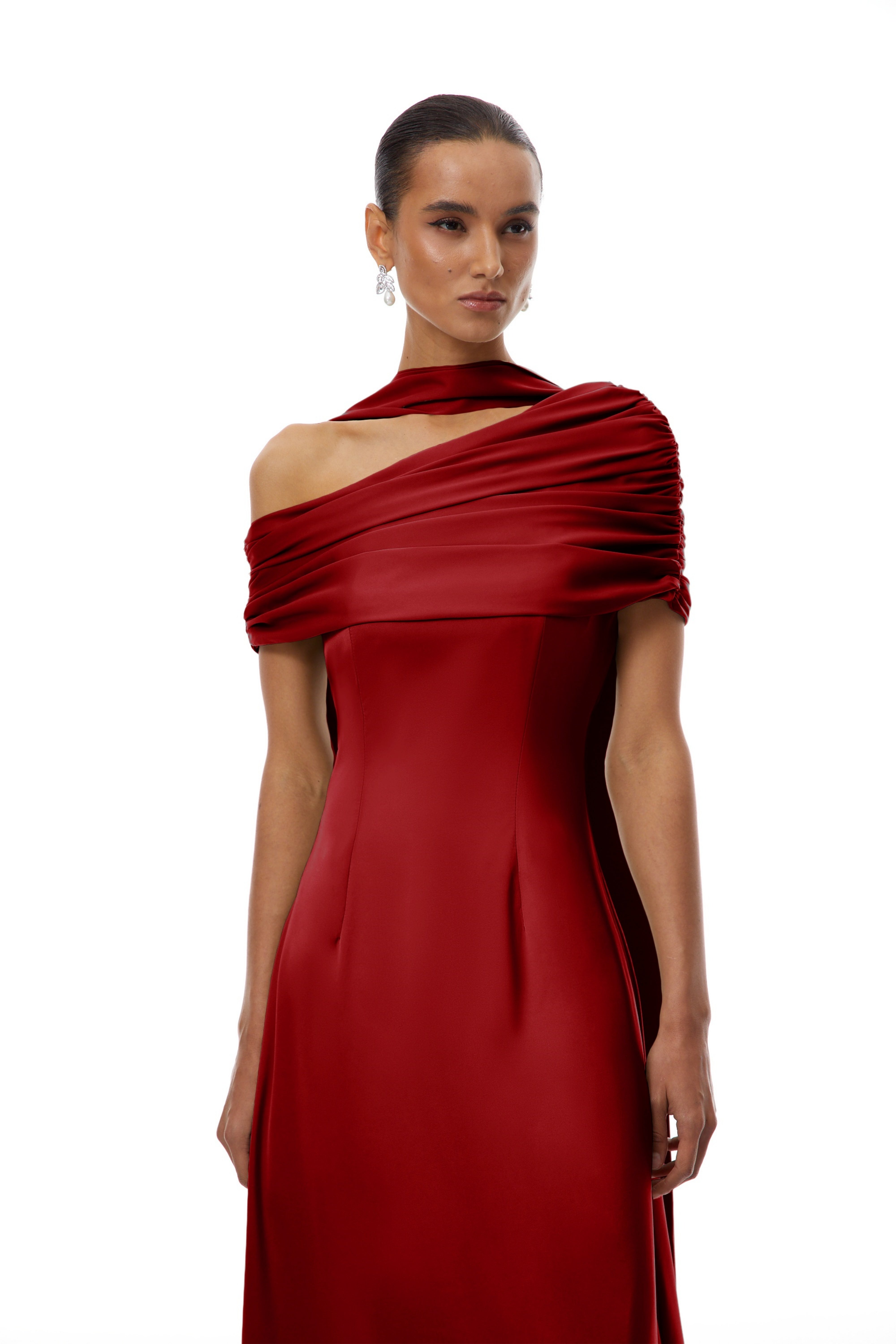 Red One-shoulder Satin Maxi Dress