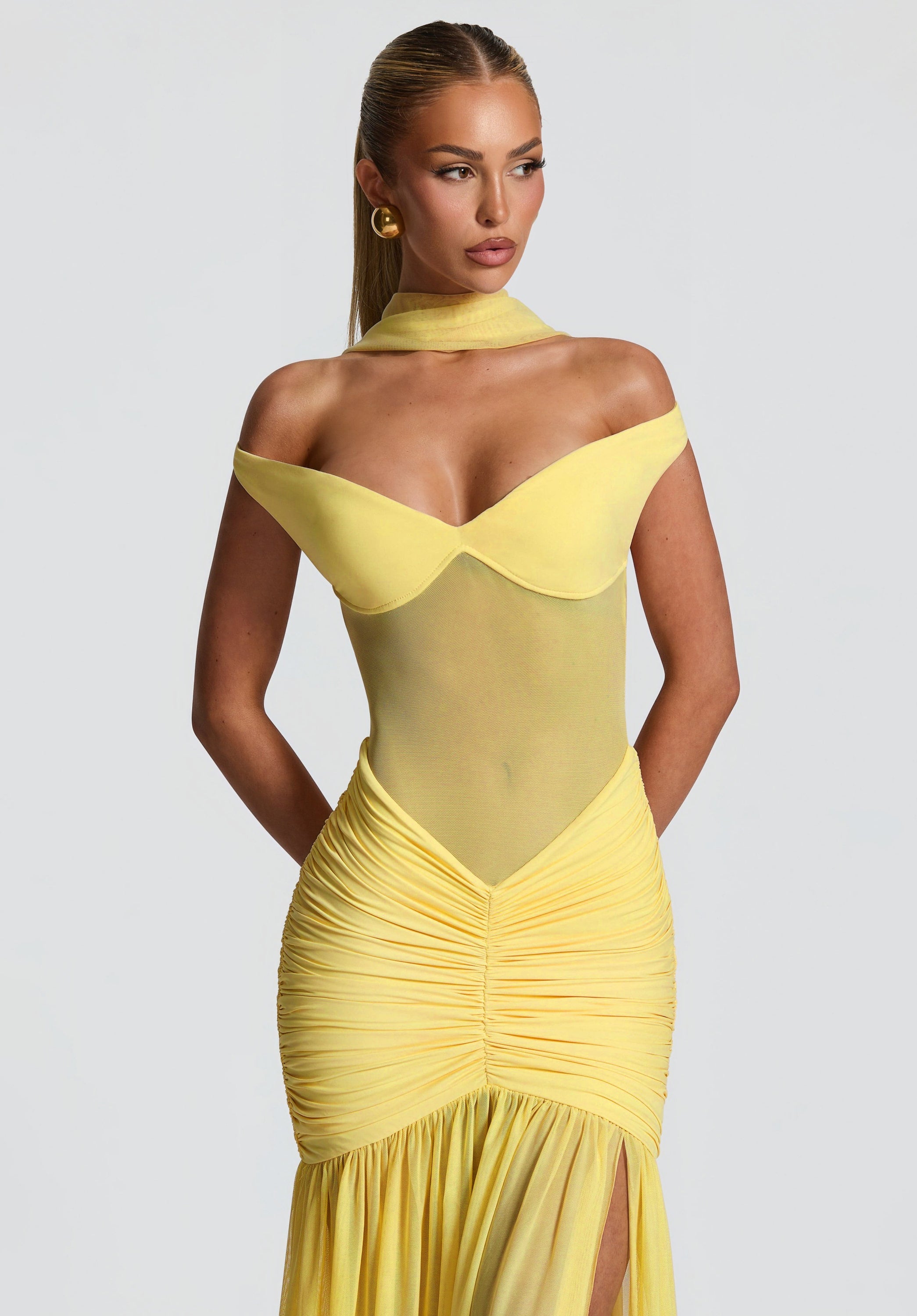 Geneviève Yellow Off Shoulder Ruched Maxi Dress