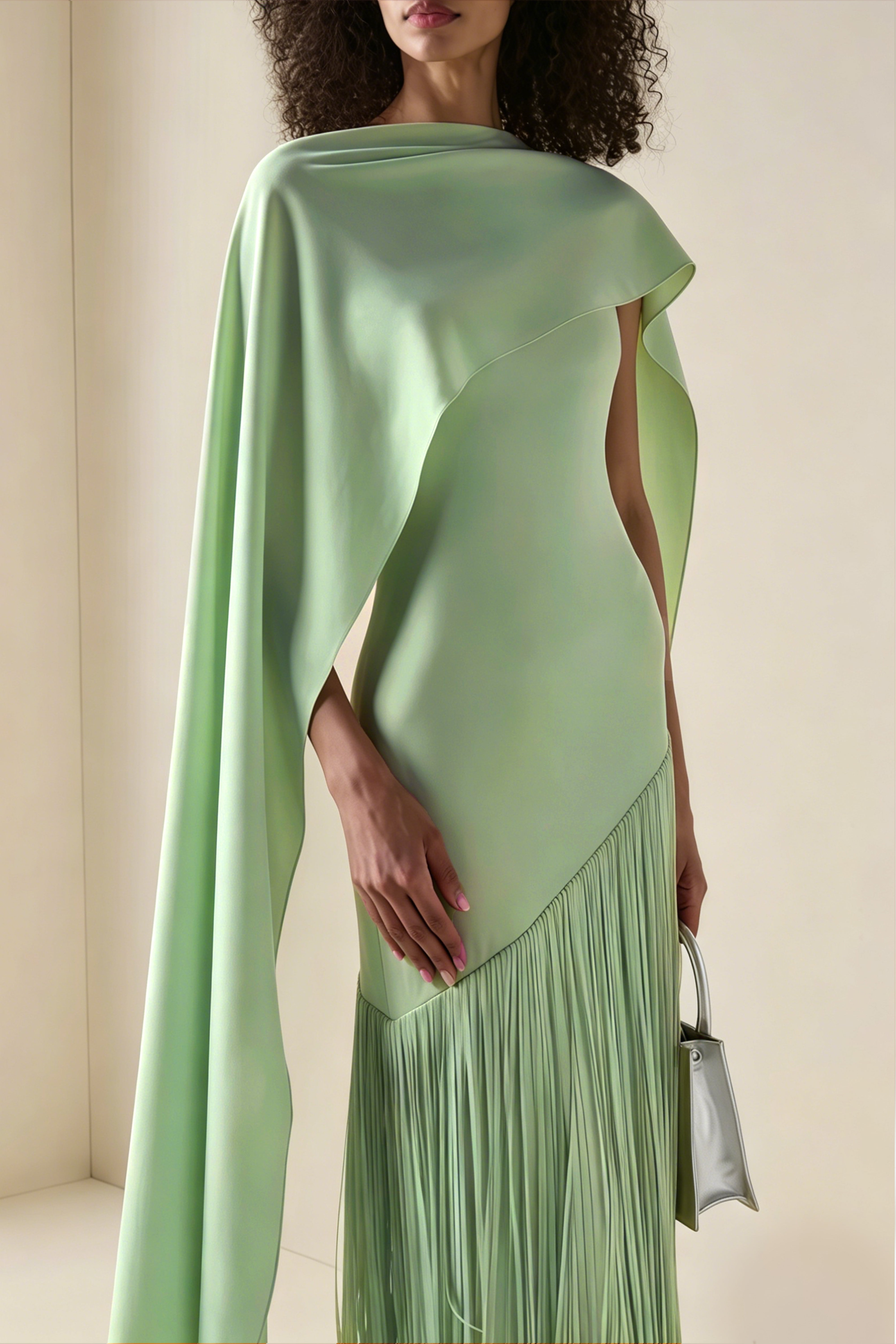 فستان ماكسي من كايتانا باللون الأخضر الزمردي مع حواف وبتصميم يشبه الرداء