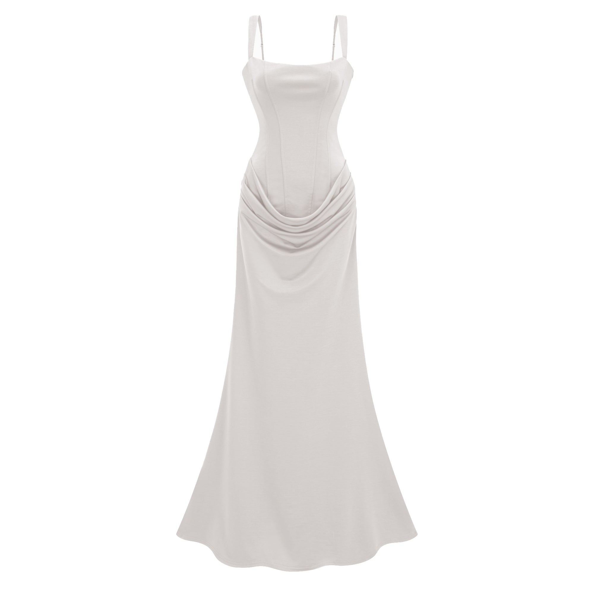 White sleeveless maxi dress with a corset-style bodice and draped hip detailing