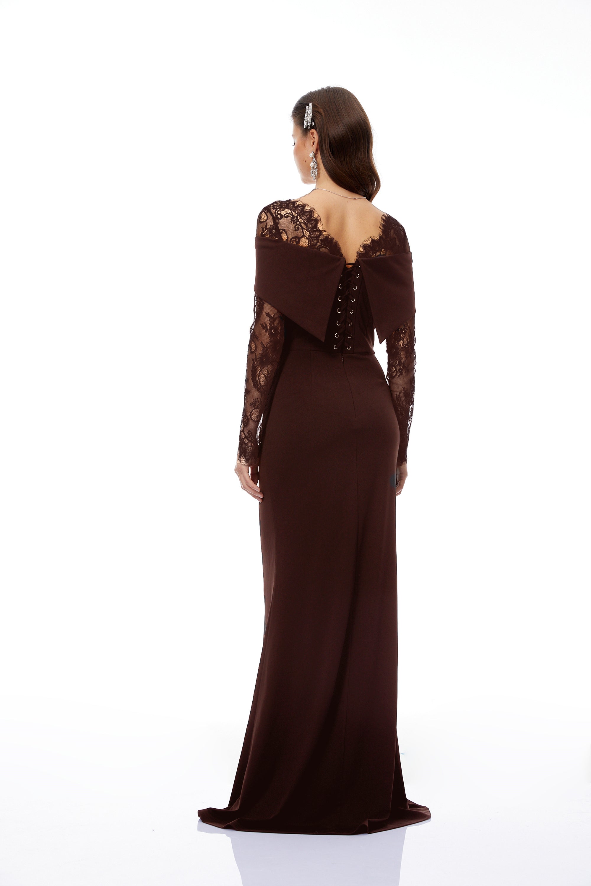 Brown Lace Panel Flared Maxi Gown