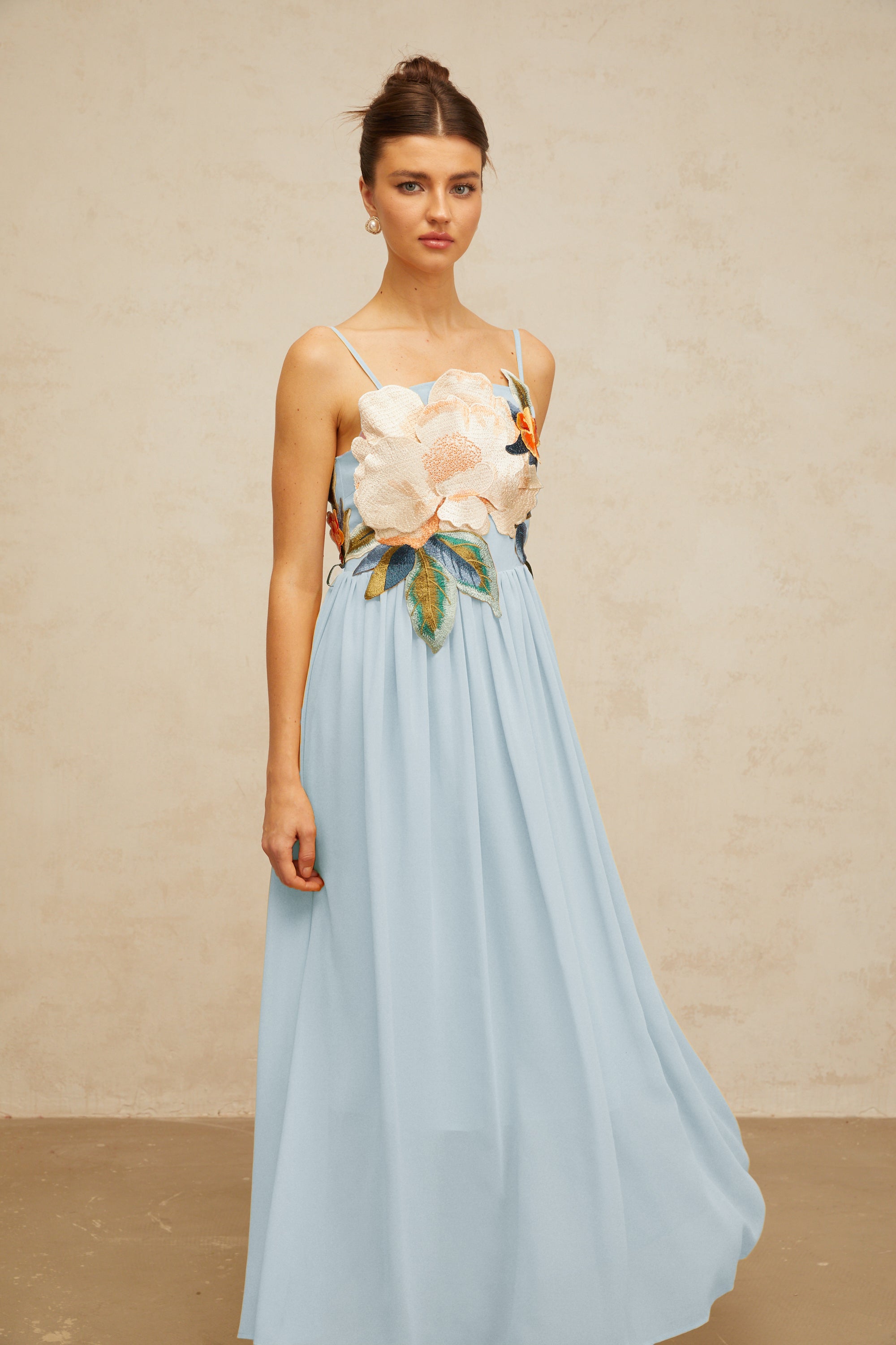 Josette floral-embroidered shirred maxi dress in Blue