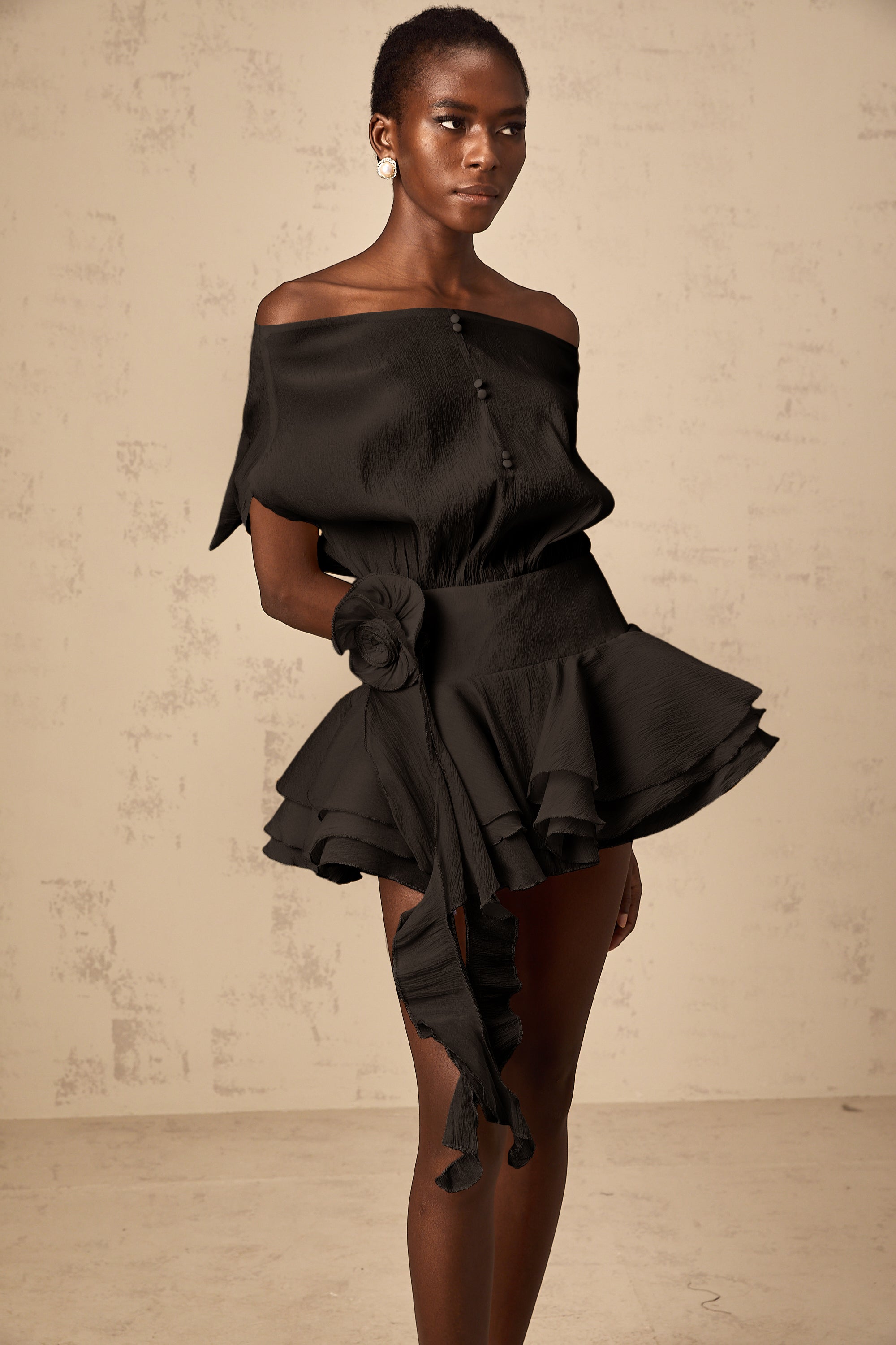 Amélie Black Floral Appliqué Flounced Mini Dress