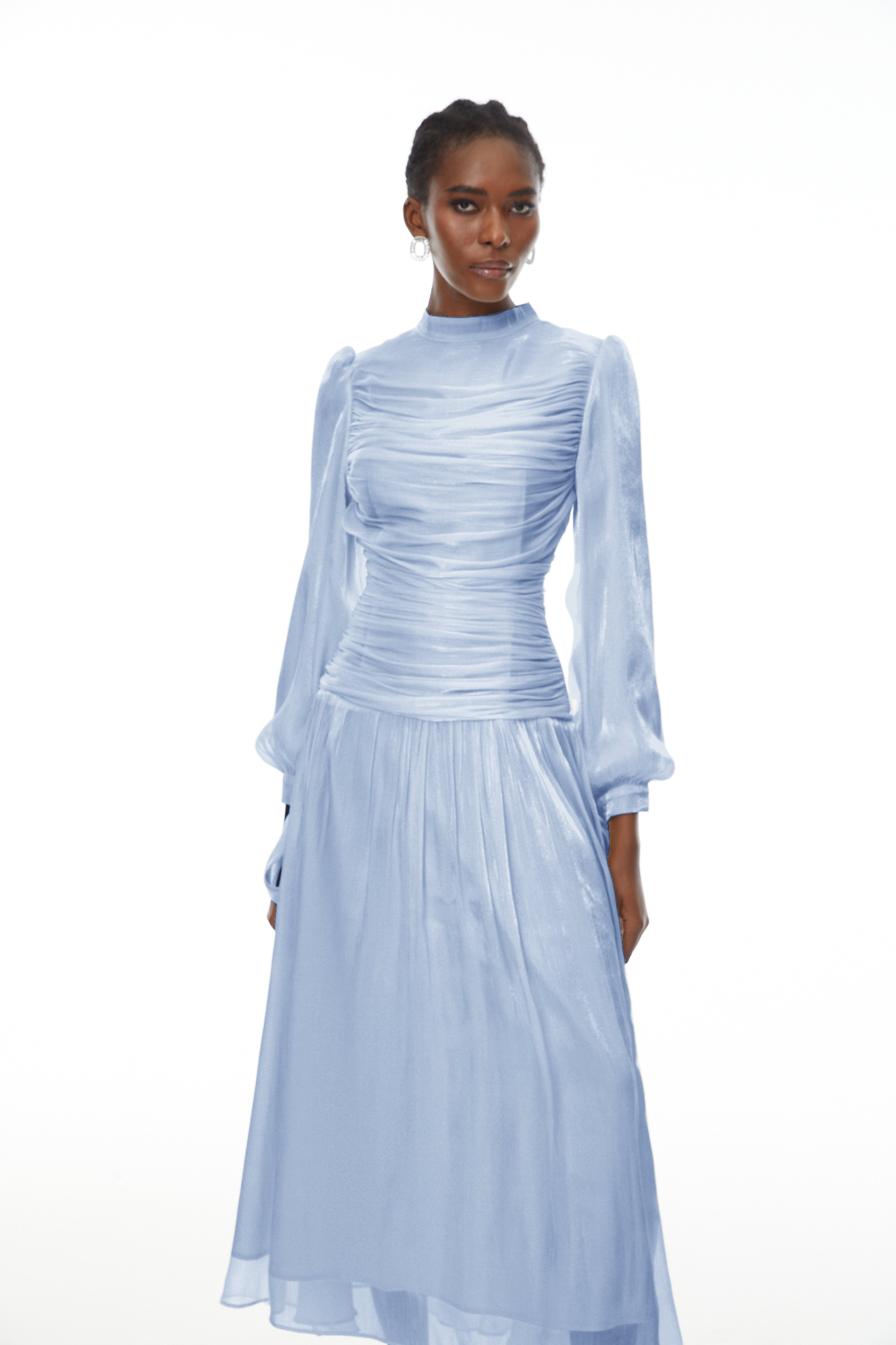 Katrín Blue Glossy Gathered Maxi Dress