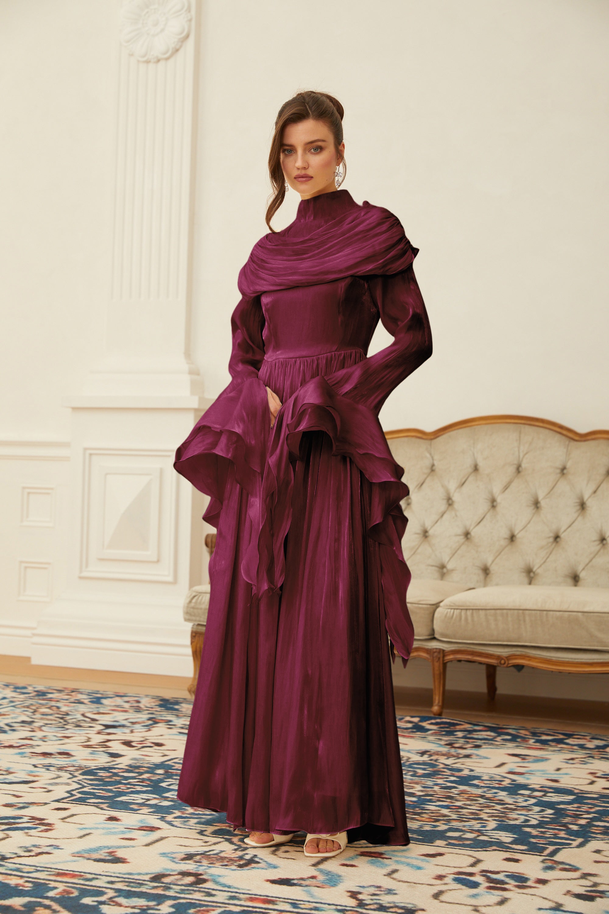 Danuta Burgundy Ruched Pleated Maxi Dress