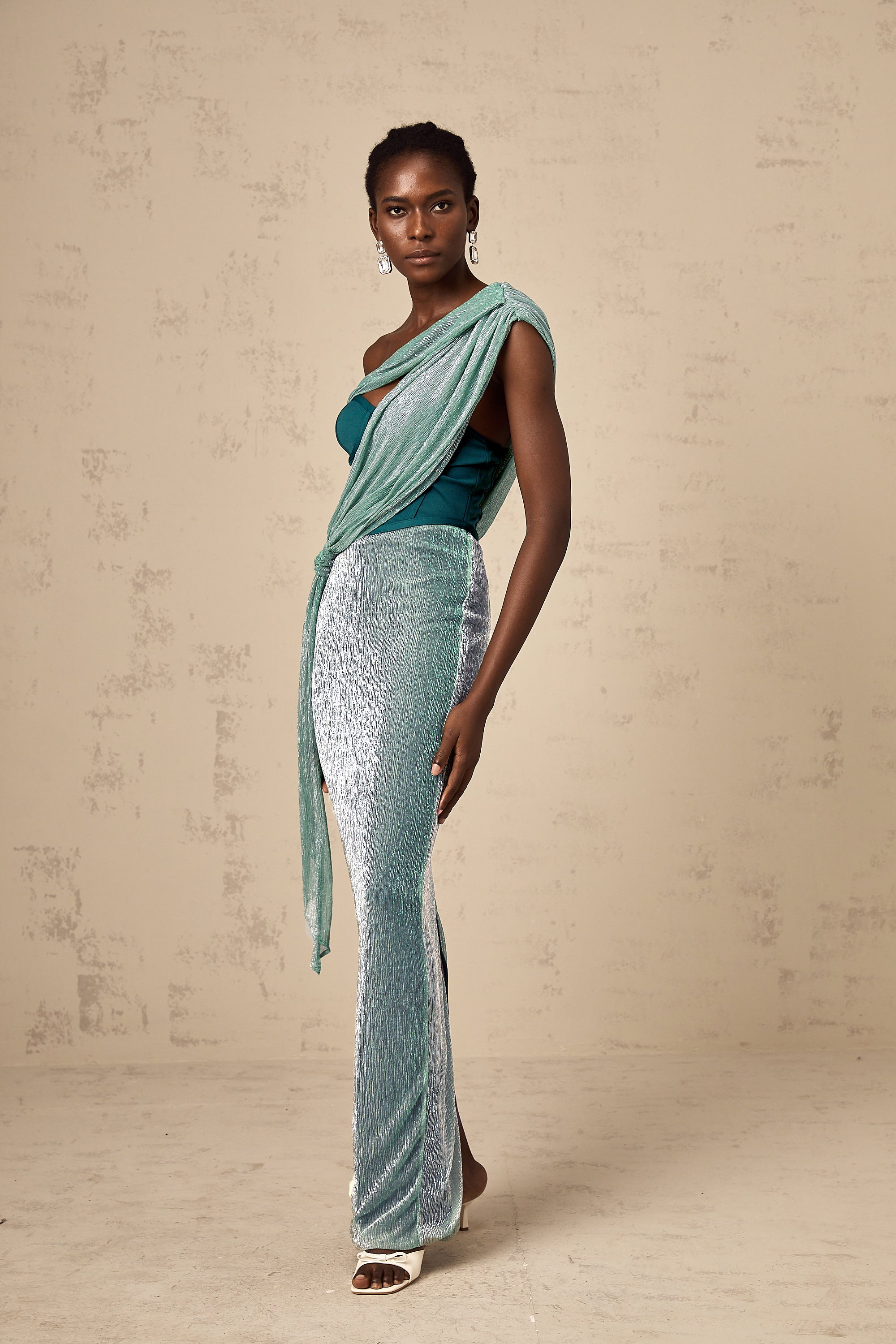 Delphine ribbon-design corset maxi dress in Green