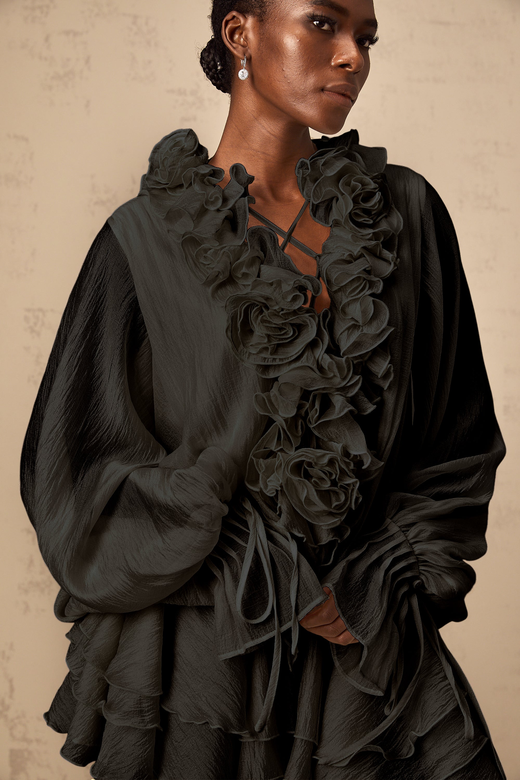 Zéphyrine floral-appliqué tiered mini dress in Black