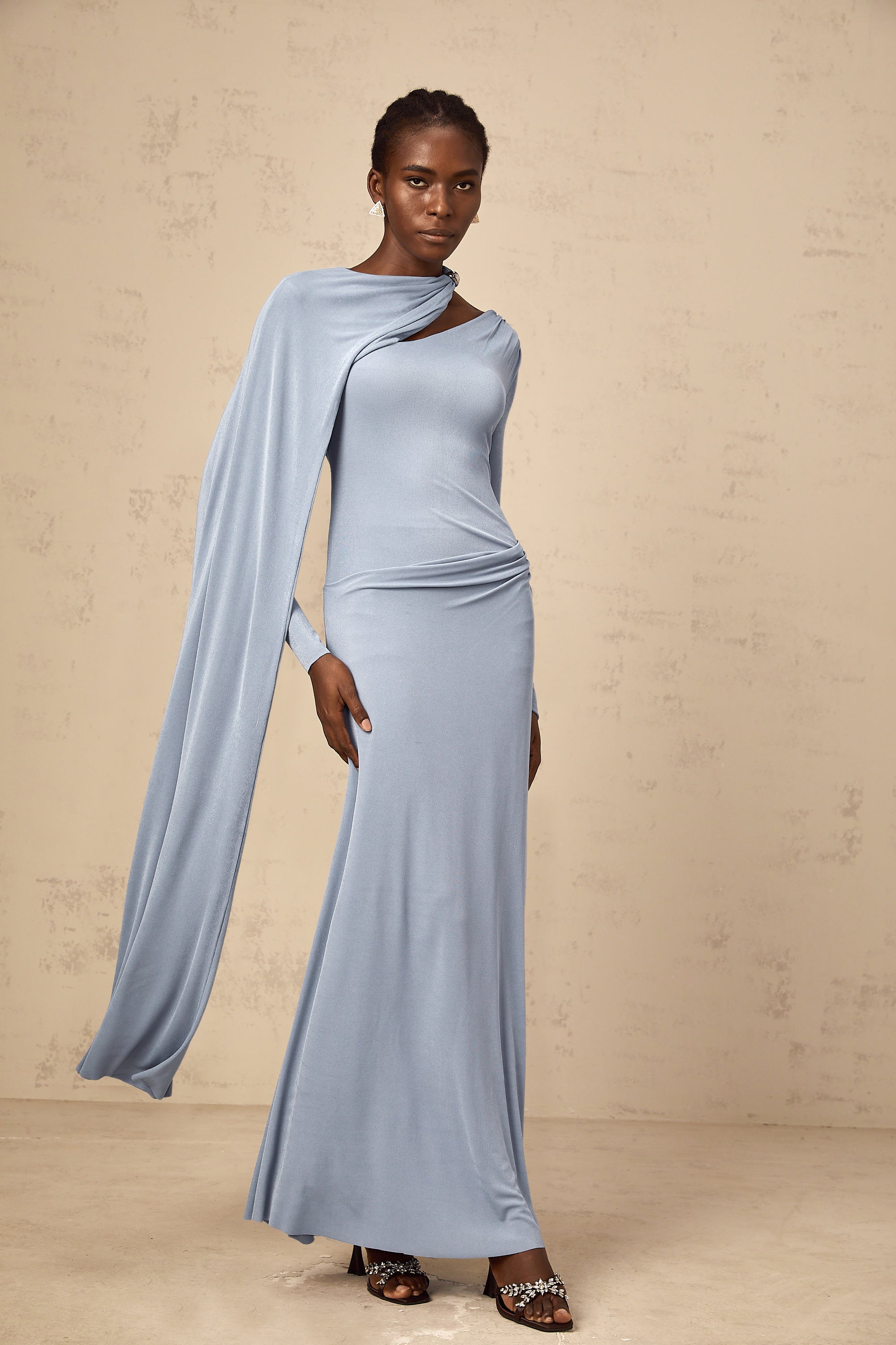 Josette Blue Diagonal Shawl Fitted Maxi Dress