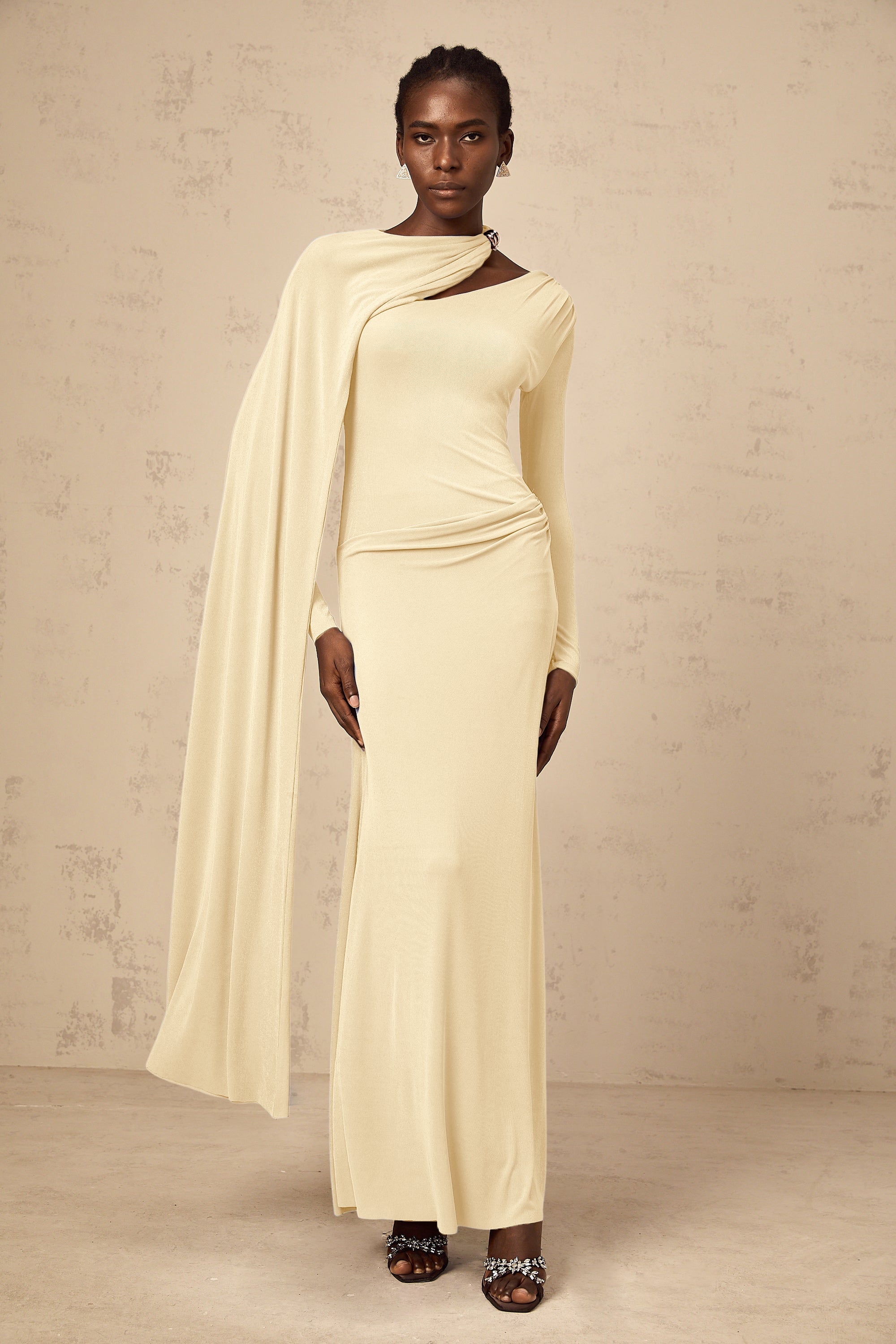 Josette Yellow Diagonal Shawl Fitted Maxi Dress