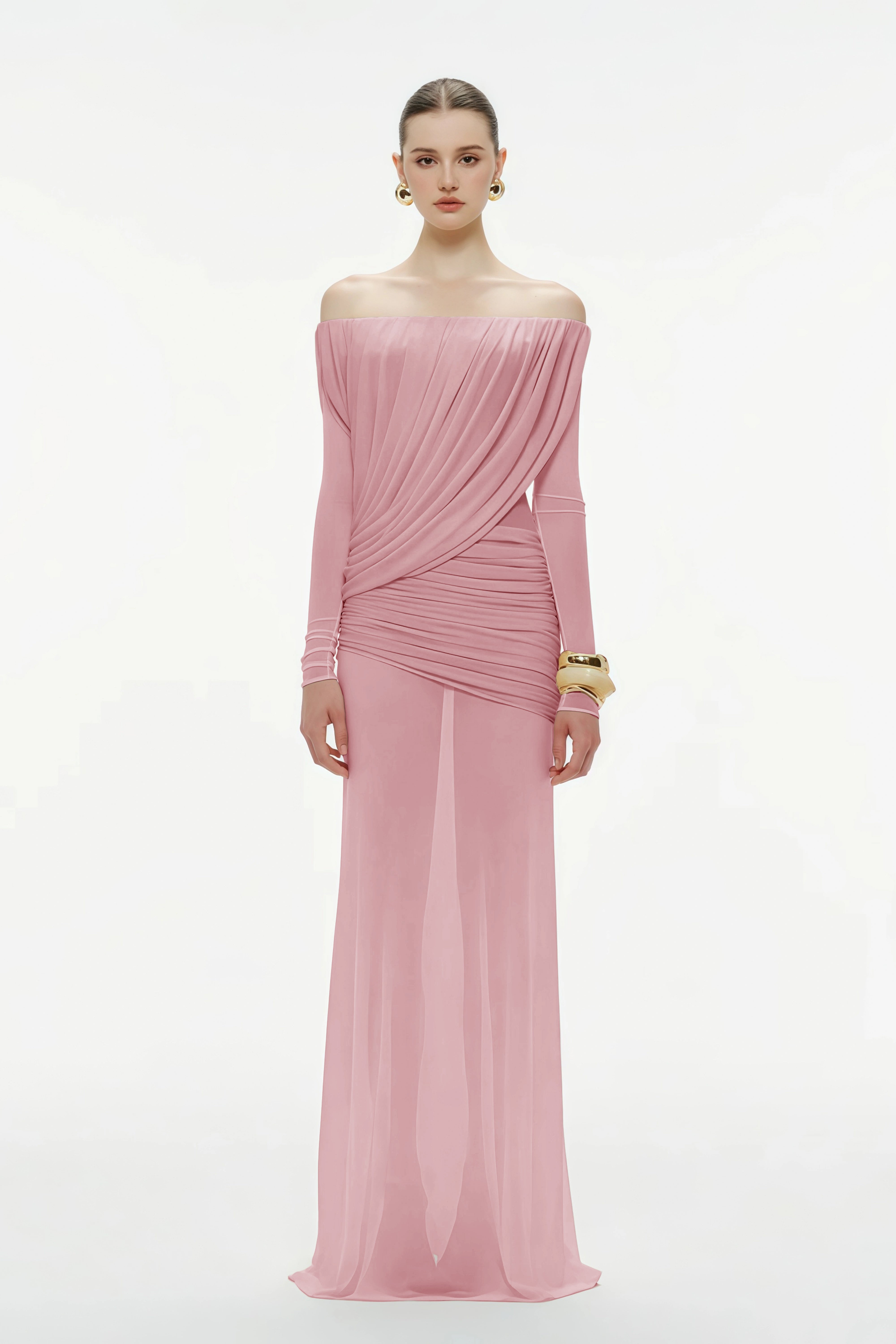 Zenobia Brown Asymmetrisches Maxikleid aus drapiertem Mesh