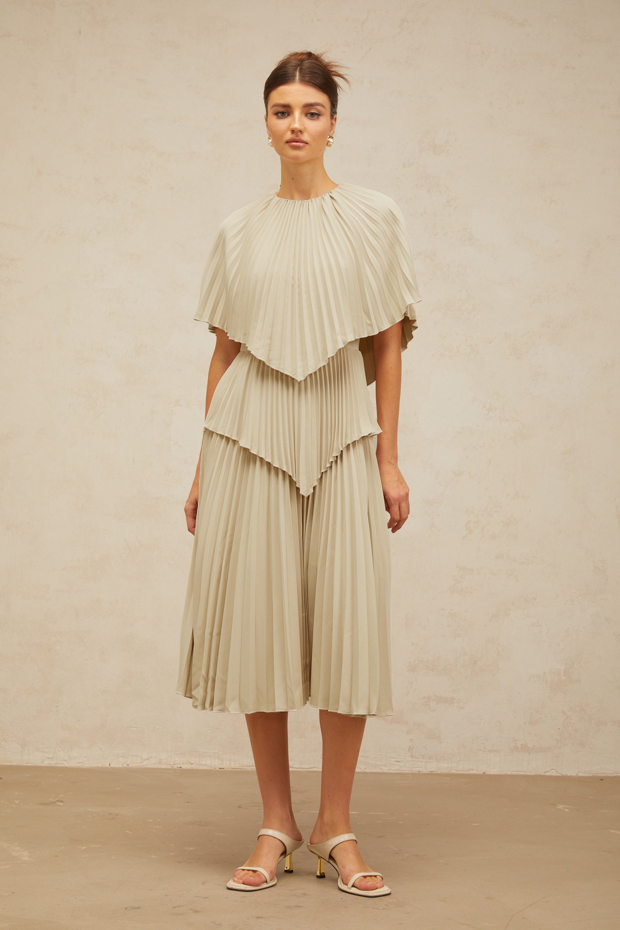 Héloïse neutrals cape pleated midi dress