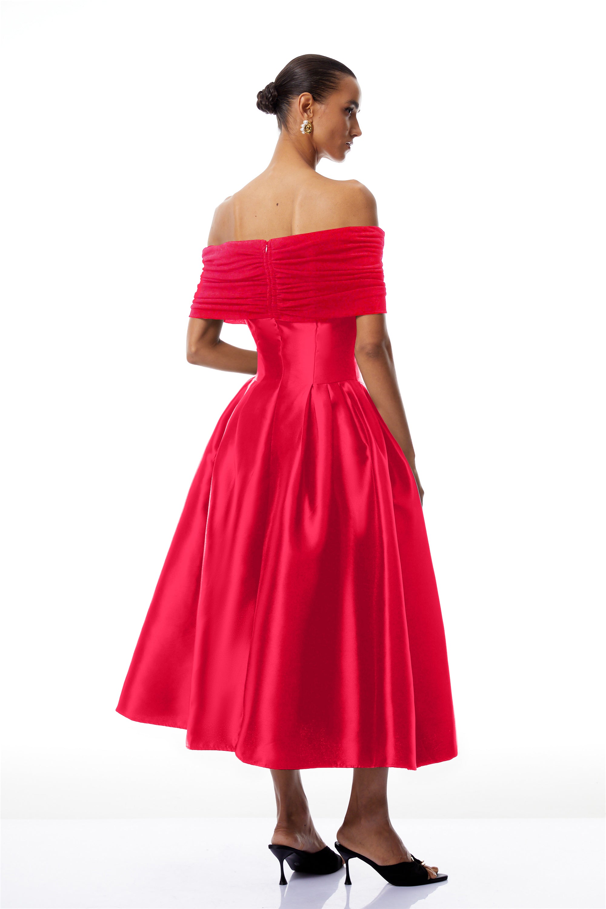 Ainara Red Off Shoulder Polished Midi Dress