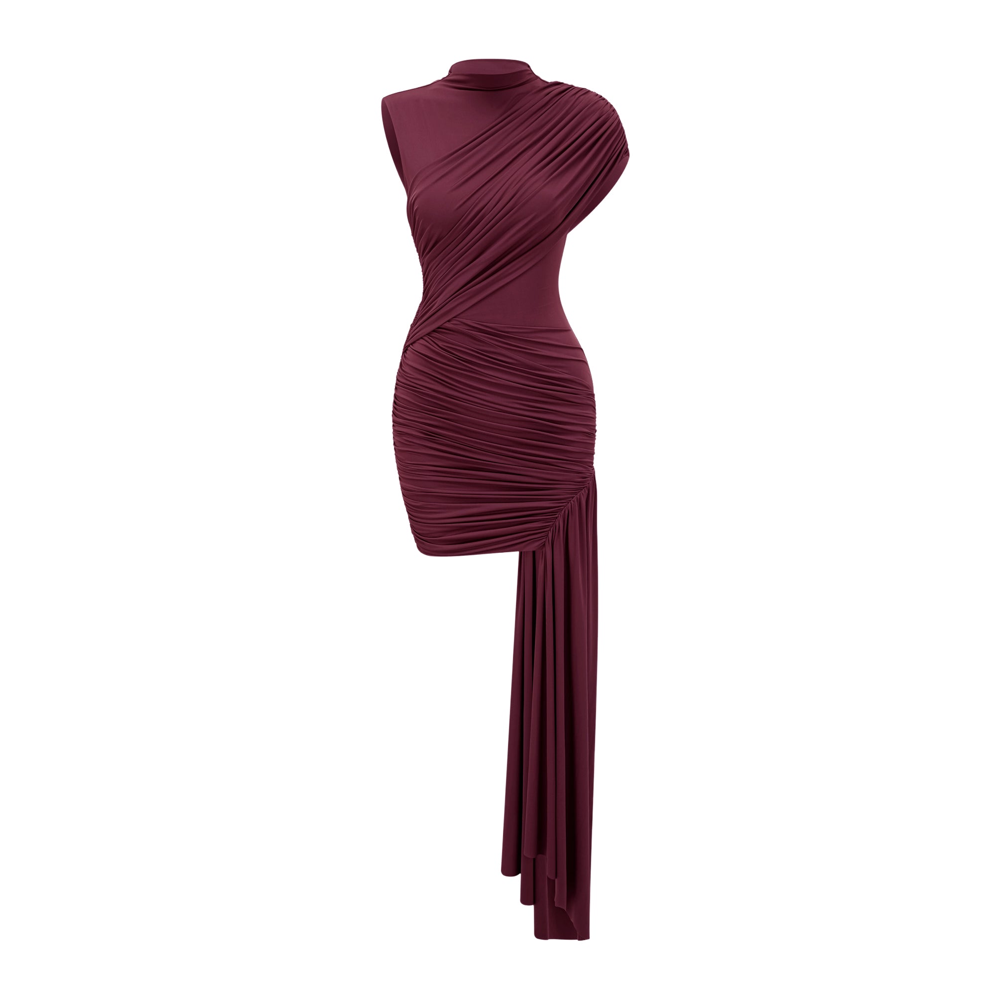Fée Burgundy Asymmetrical Ruched Mini Dress