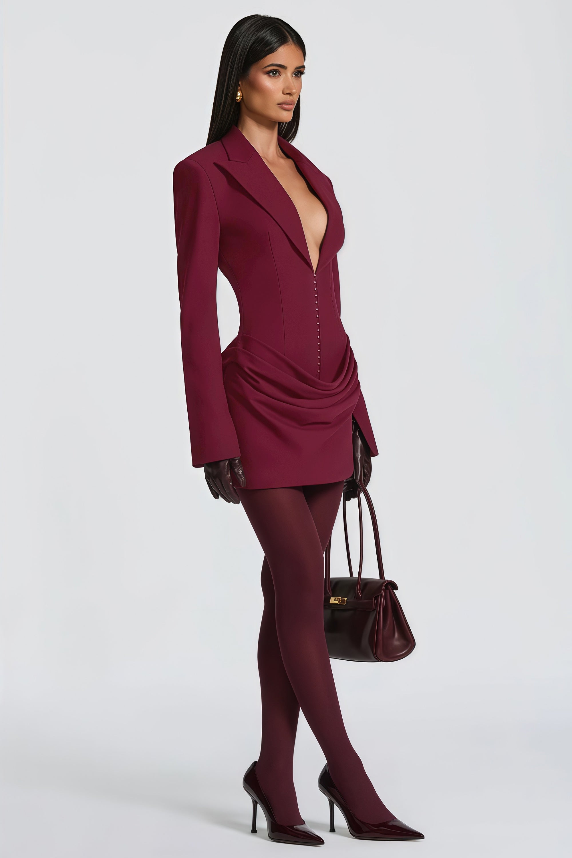 Rosette Burgundy Ruched Blazer Mini Dress
