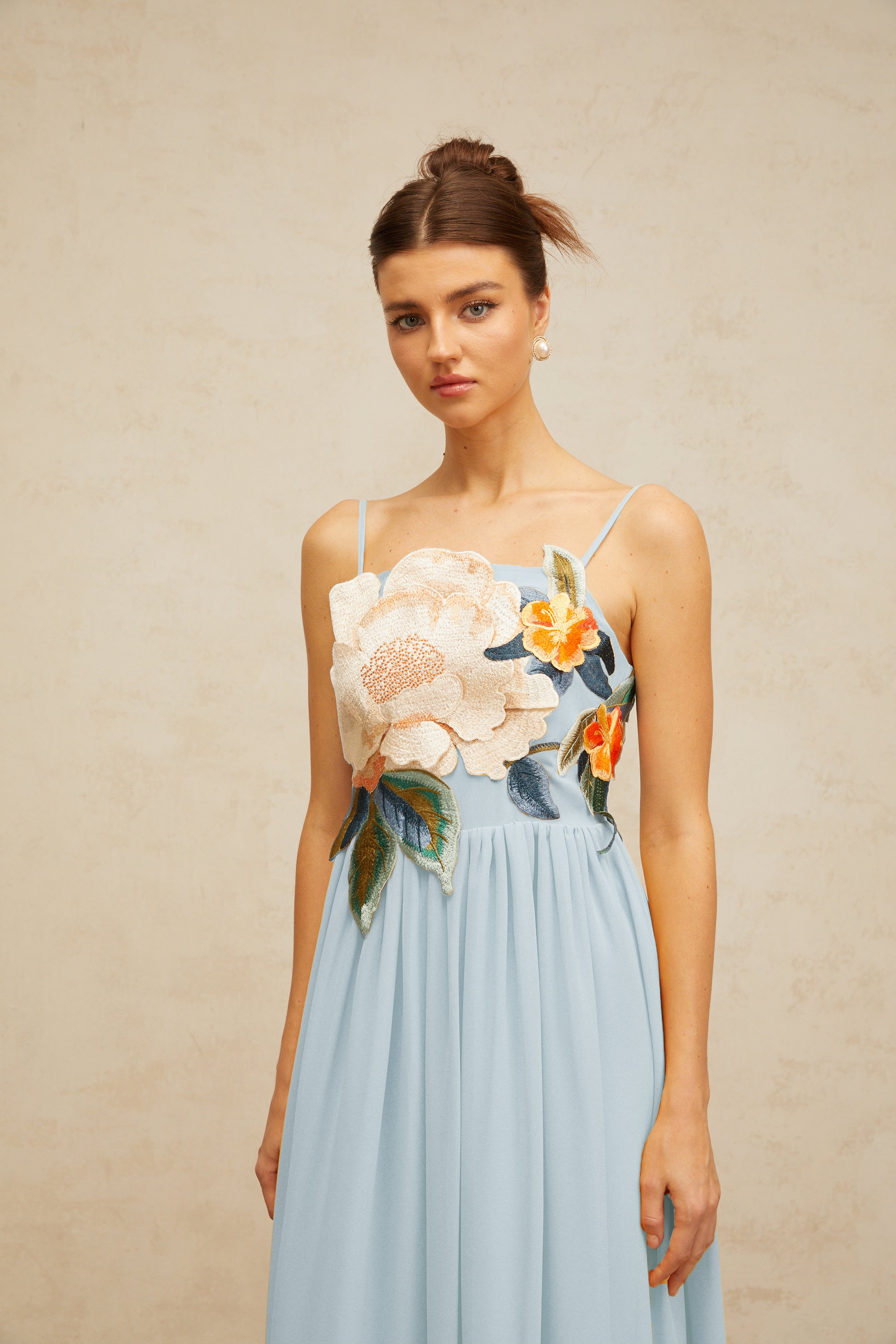 Josette floral-embroidered shirred maxi dress in Blue