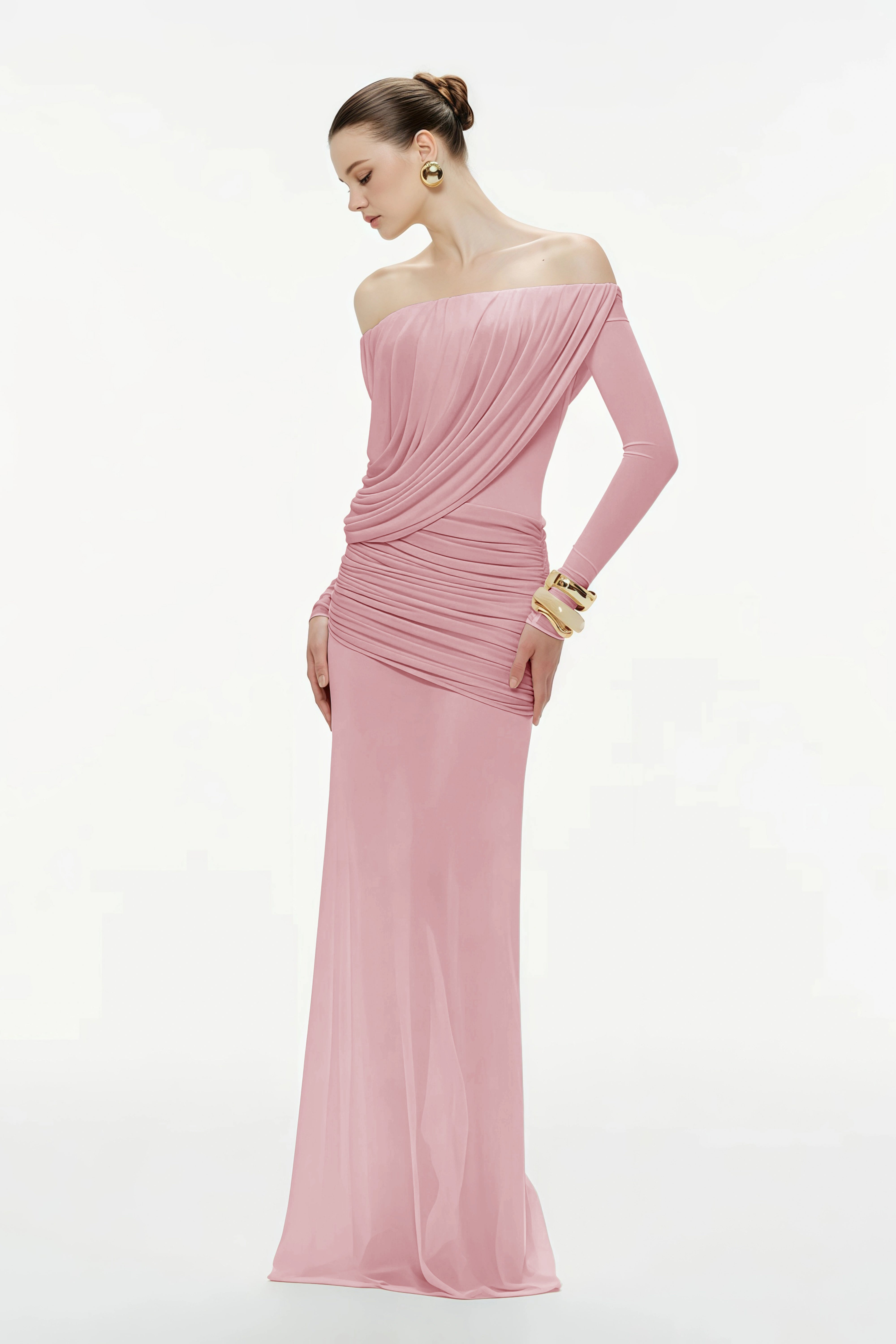 Zenobia Brown Asymmetrisches Maxikleid aus drapiertem Mesh