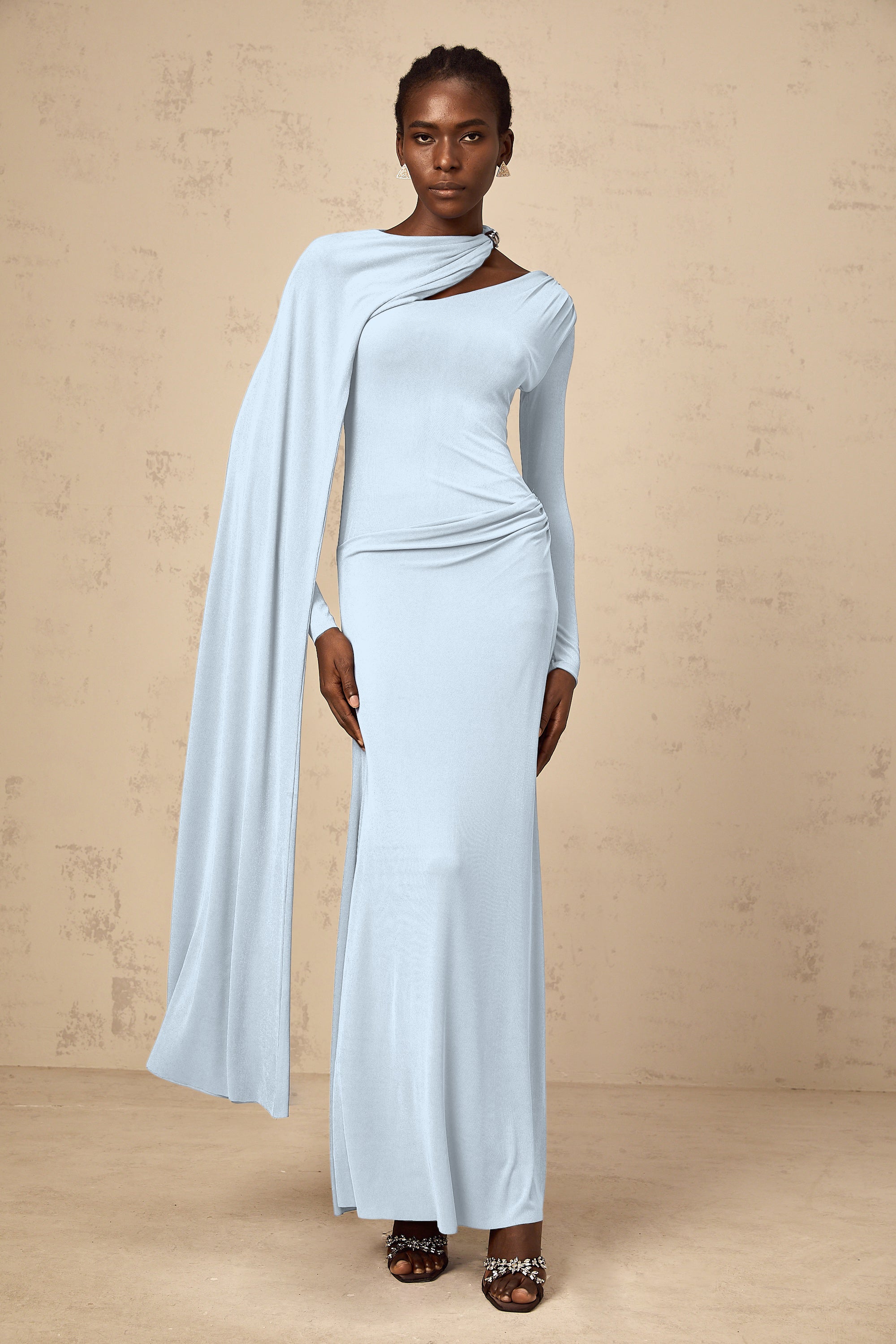 Josette Blue Diagonal Shawl Fitted Maxi Dress