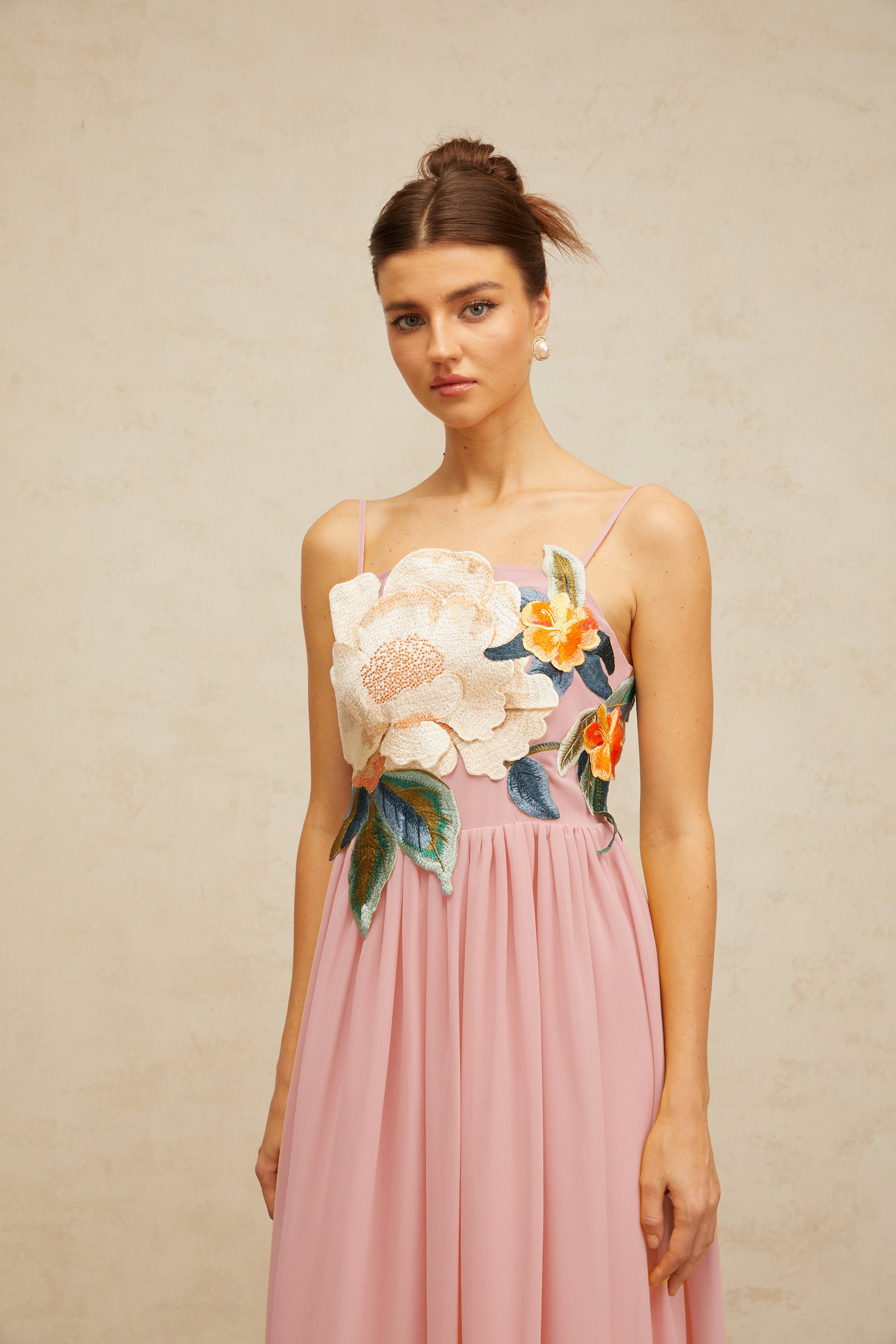 Josette floral-embroidered shirred maxi dress in Pink