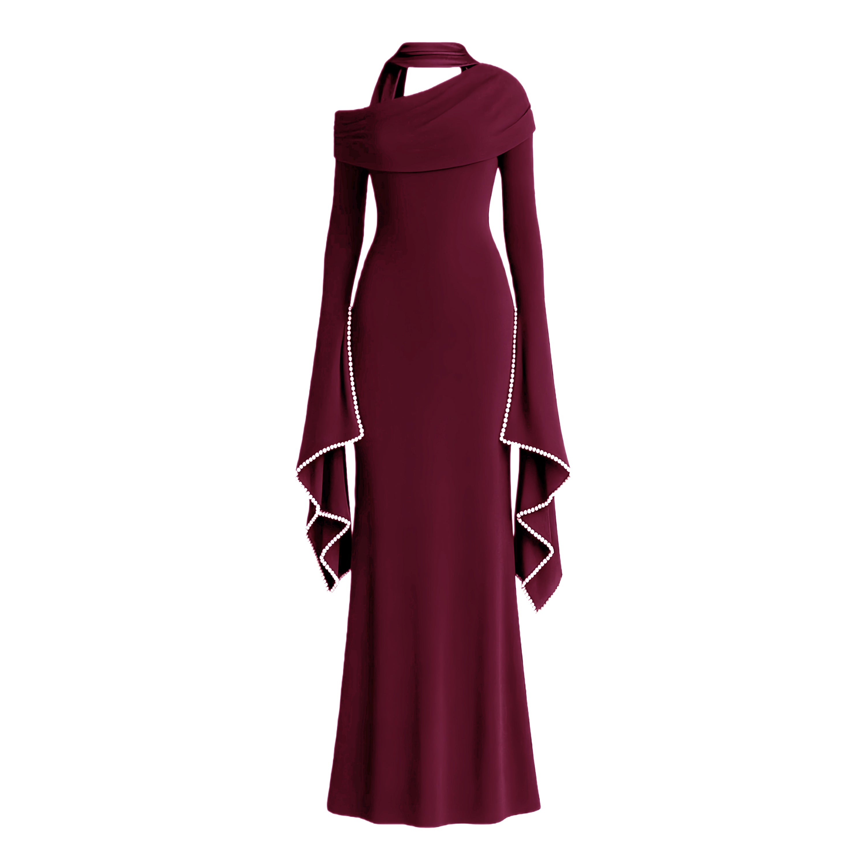 فستان ماكسي سيمونا أسود بكتف واحد وحواف لؤلؤية