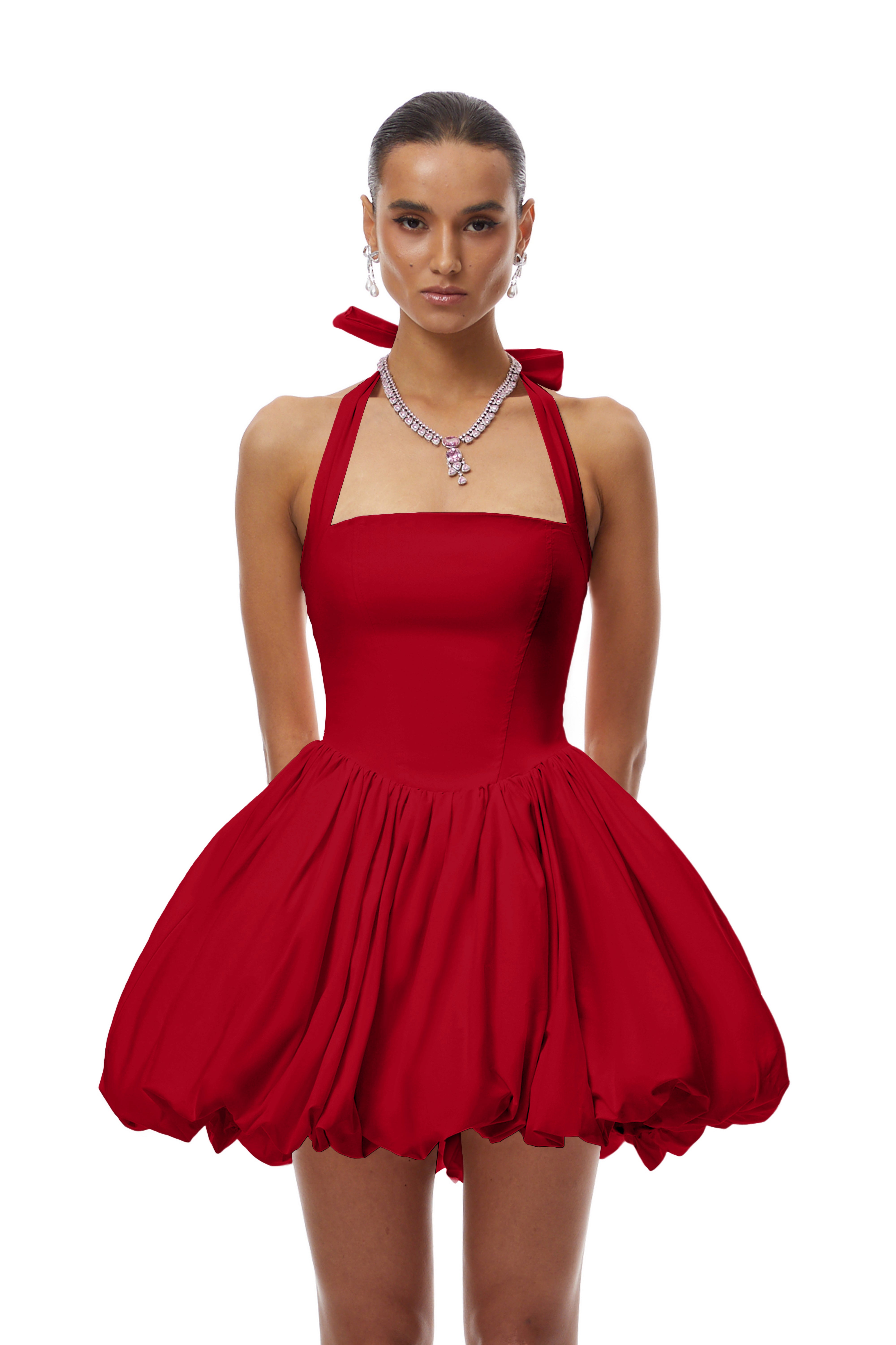 Anaelle Rot gerafftes Minikleid mit Puffärmeln