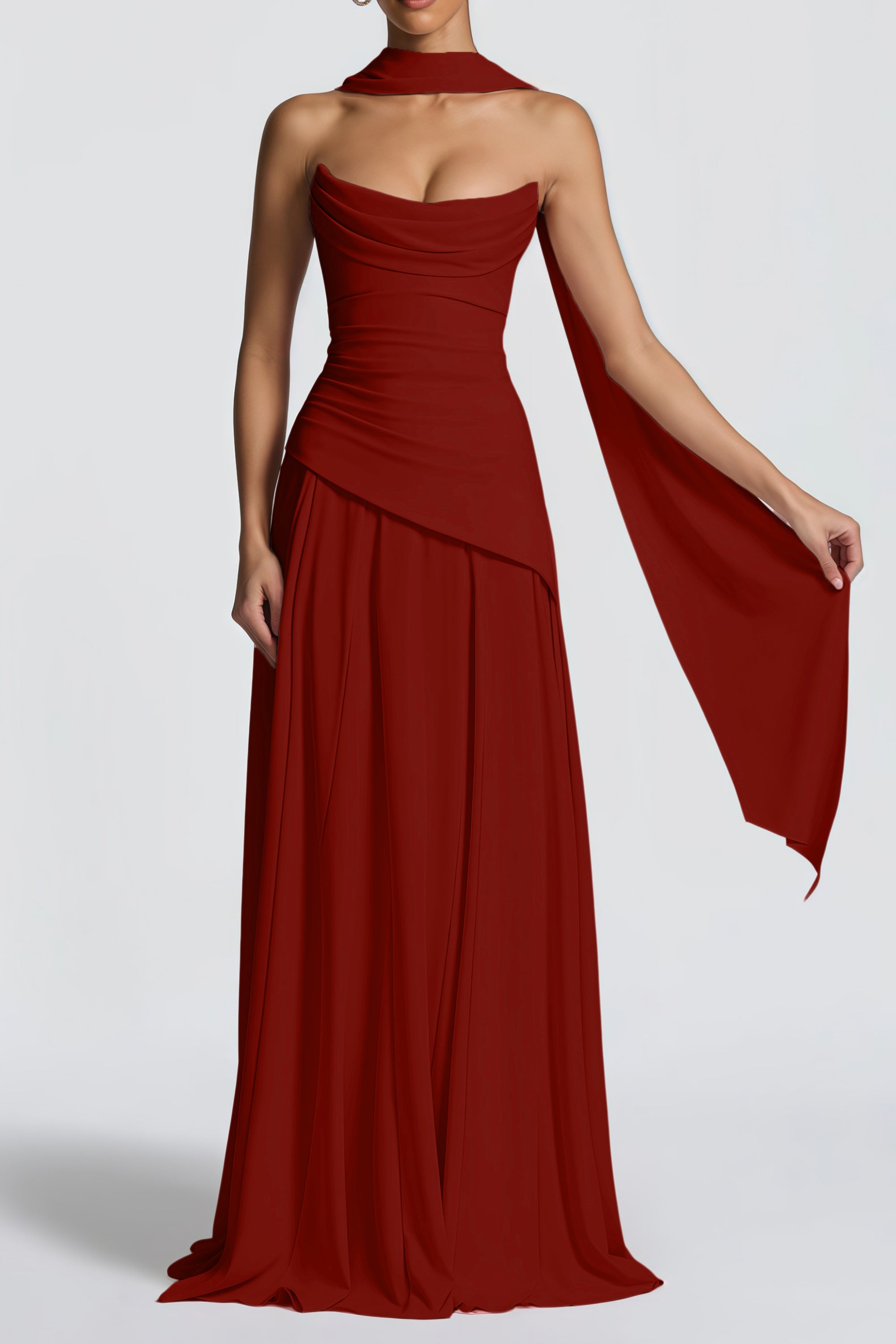 Romane Burgundy Strapless Corset Chiffon Maxi Dress