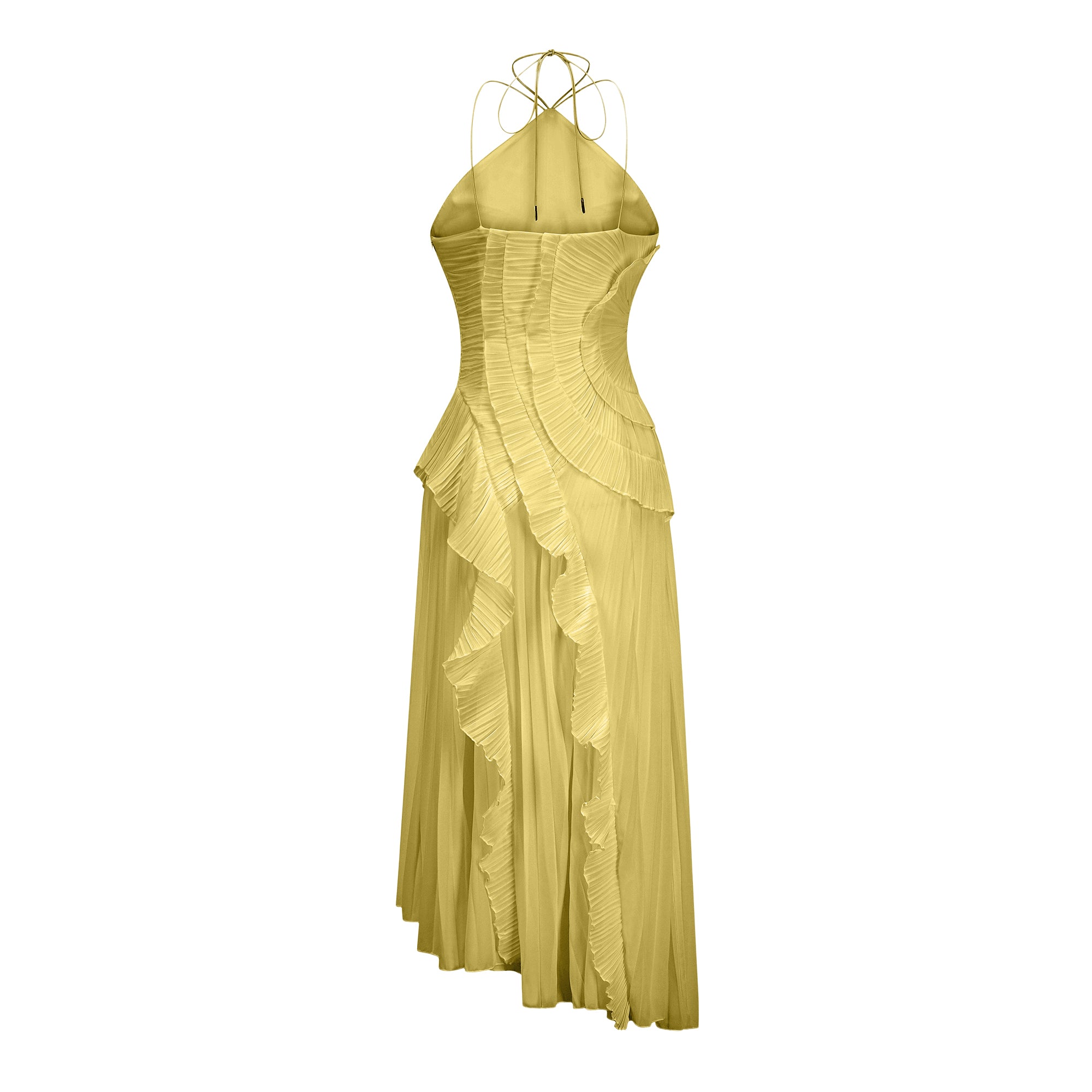 Doux Yellow Ruffled Trim Pleated Midi Dress
