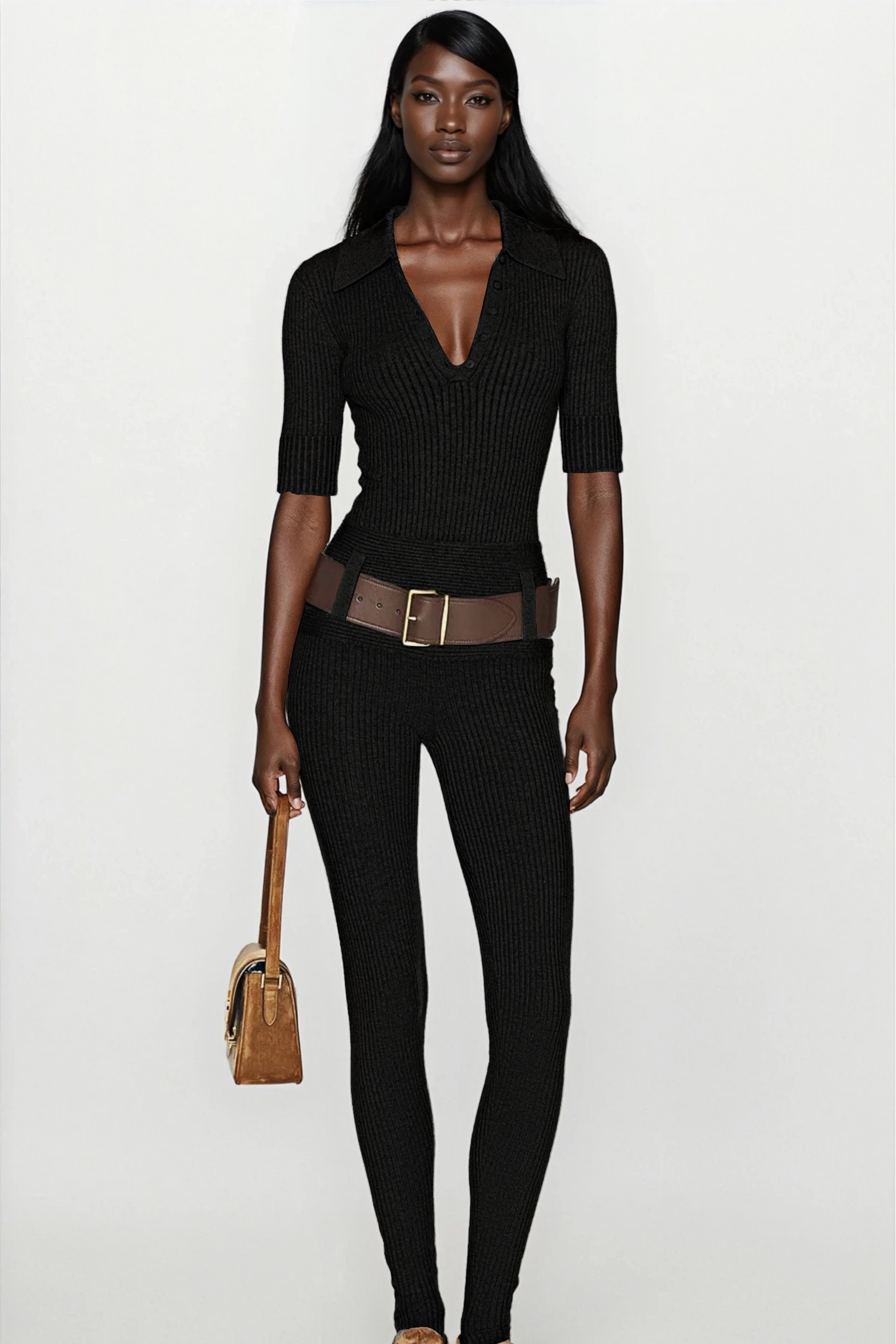 طقم كلير جراي من بدلة جسم وبنطال محبوك مضلع