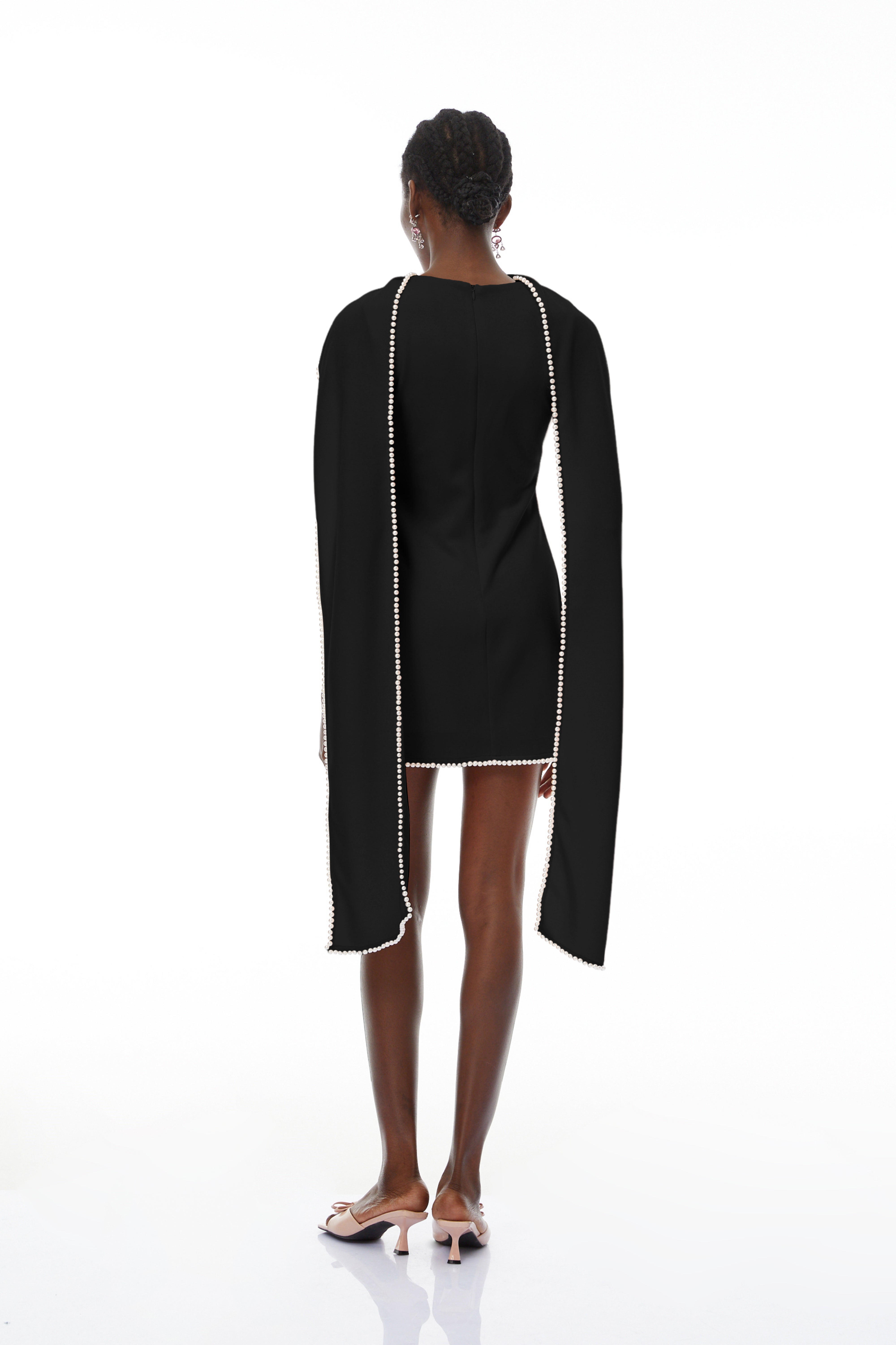 Piroska Black Sleeveless Pearl Trim Mini Dress