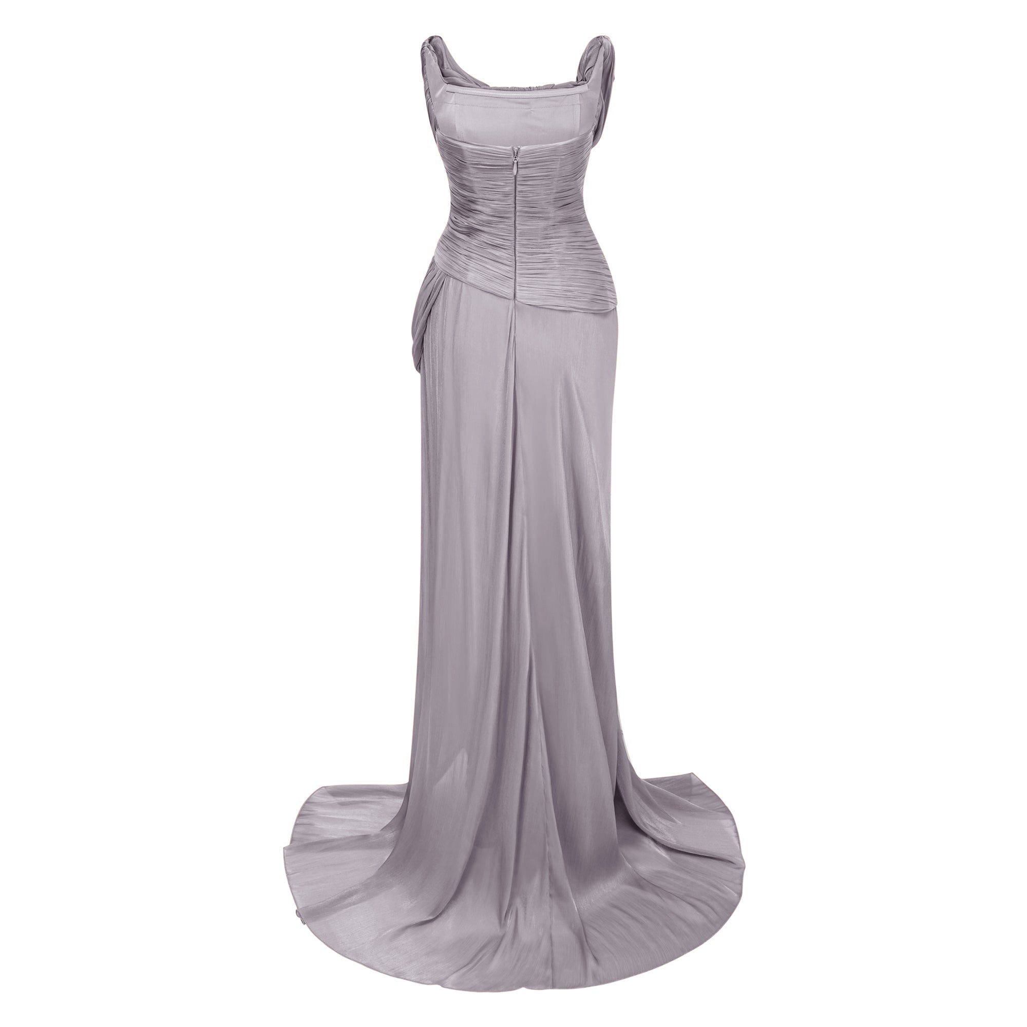 Gelsomina Grey Asymmetrical Glossy Gathered Maxi Dress