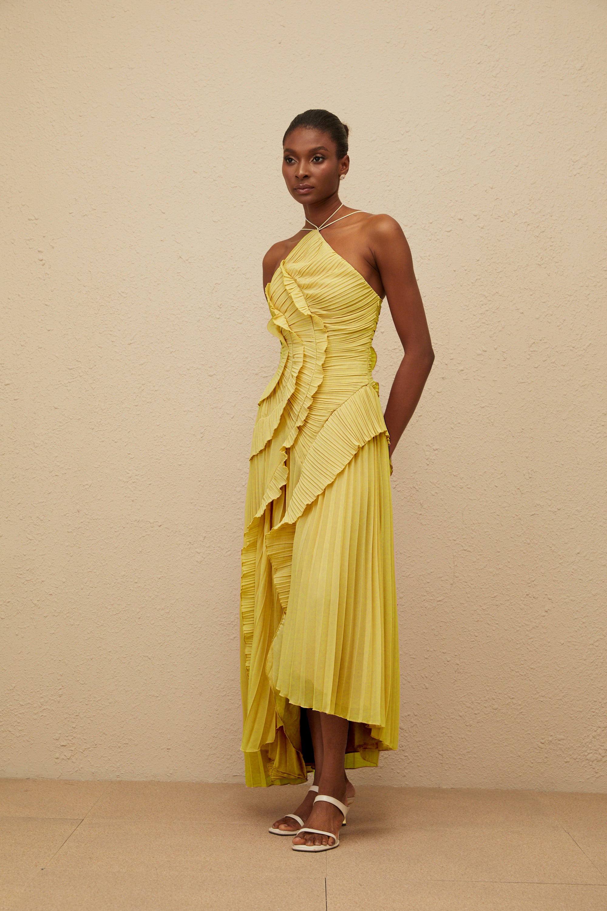 Doux Yellow Ruffled Trim Pleated Midi Dress