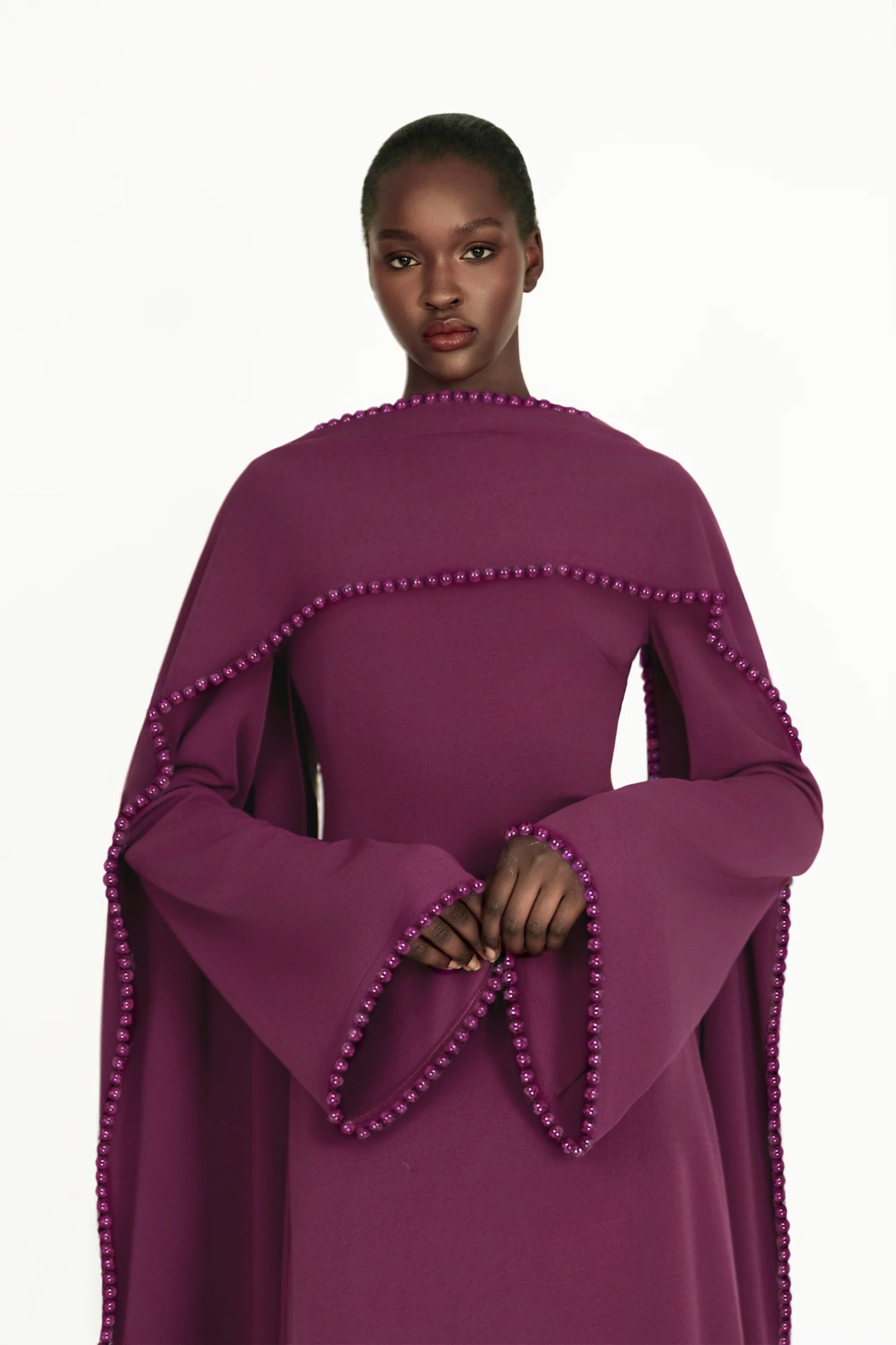 Piroska Purple Pearl Trim Shawl Detail Maxi Dress