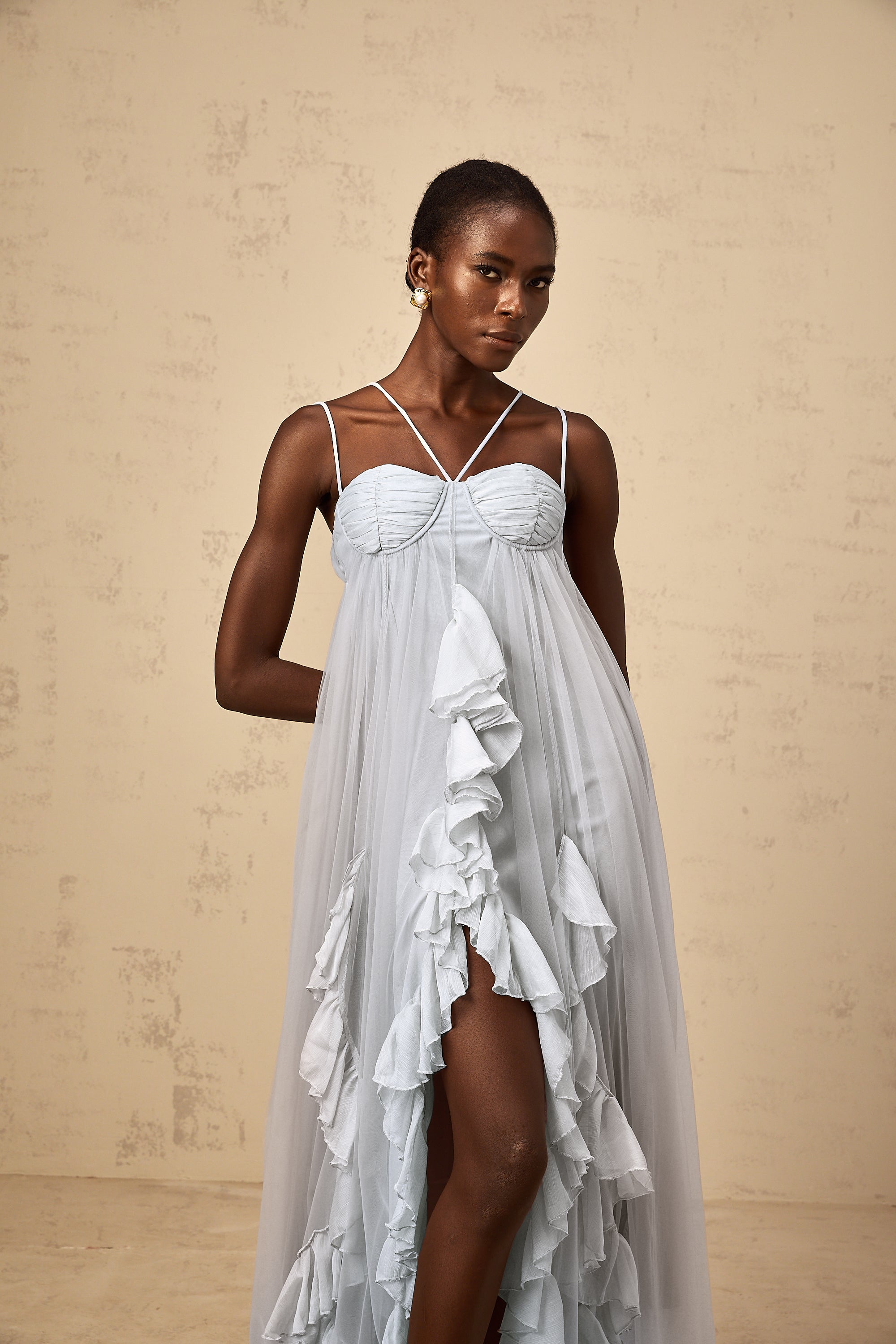 Colette layered ruffled tulle maxi dress in Blue