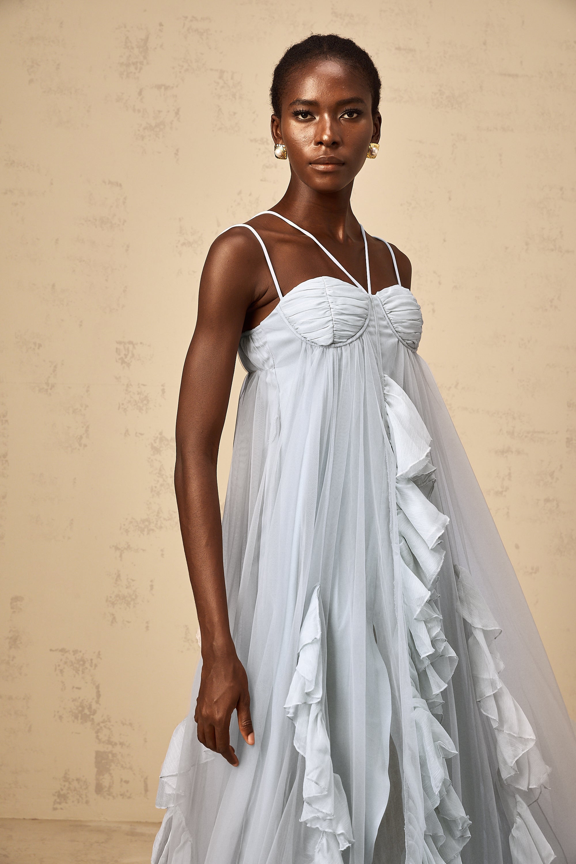 Colette layered ruffled tulle maxi dress in Blue