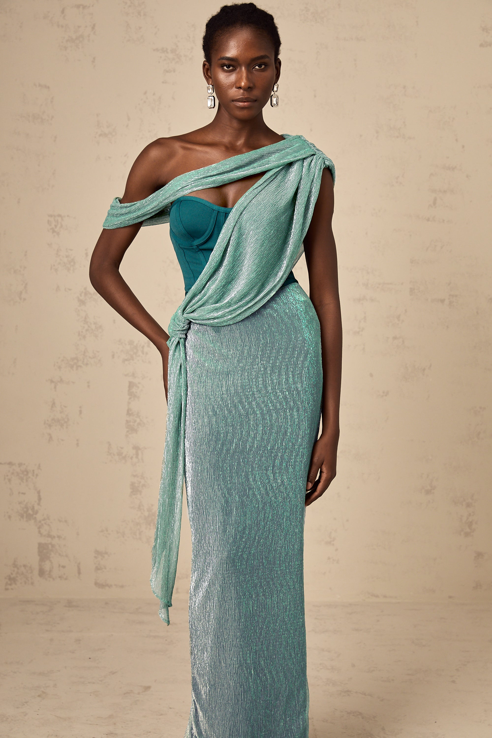 Delphine ribbon-design corset maxi dress in Green