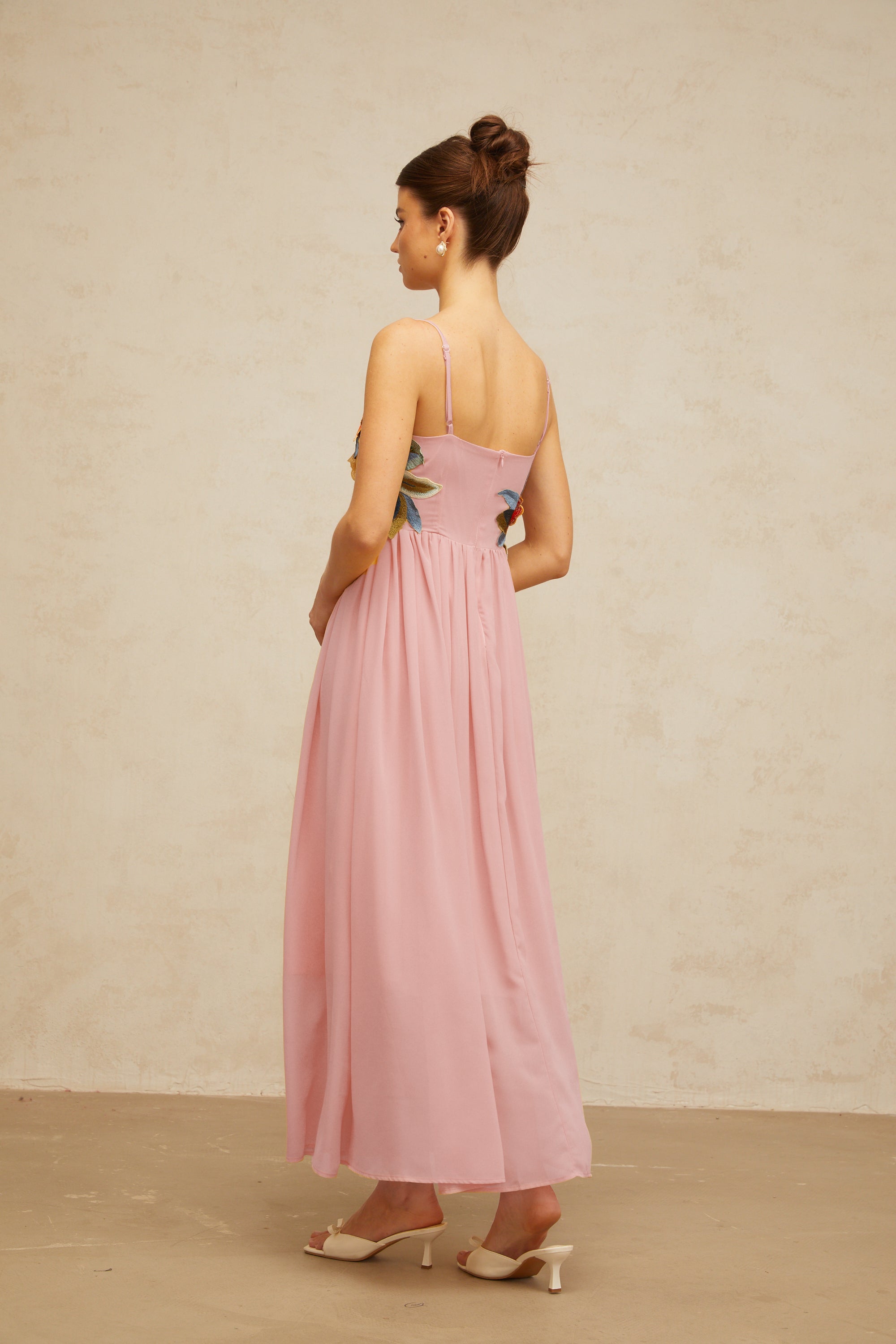 Josette floral-embroidered shirred maxi dress in Pink