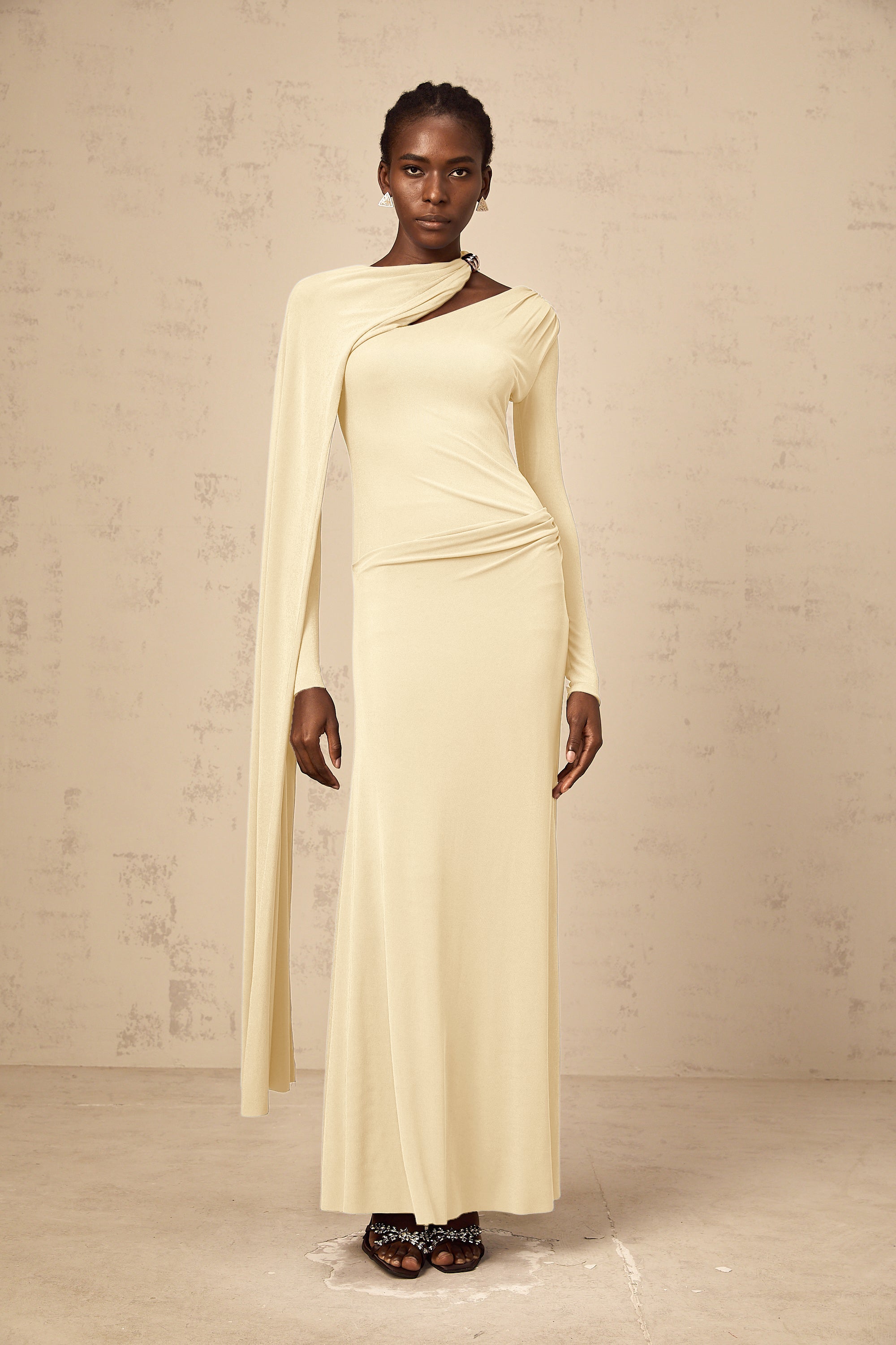 Josette Yellow Diagonal Shawl Fitted Maxi Dress