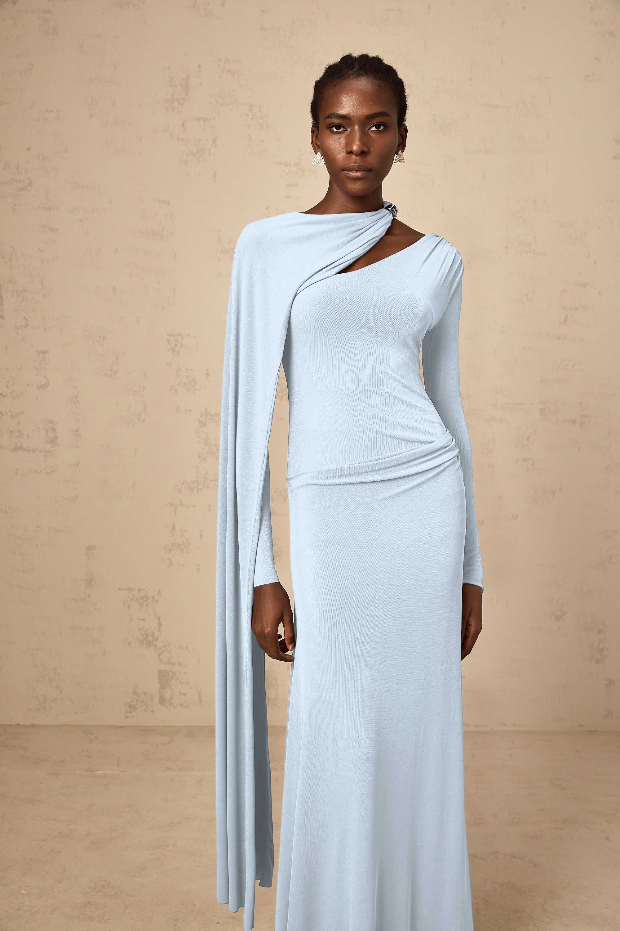Josette Blue Diagonal Shawl Fitted Maxi Dress