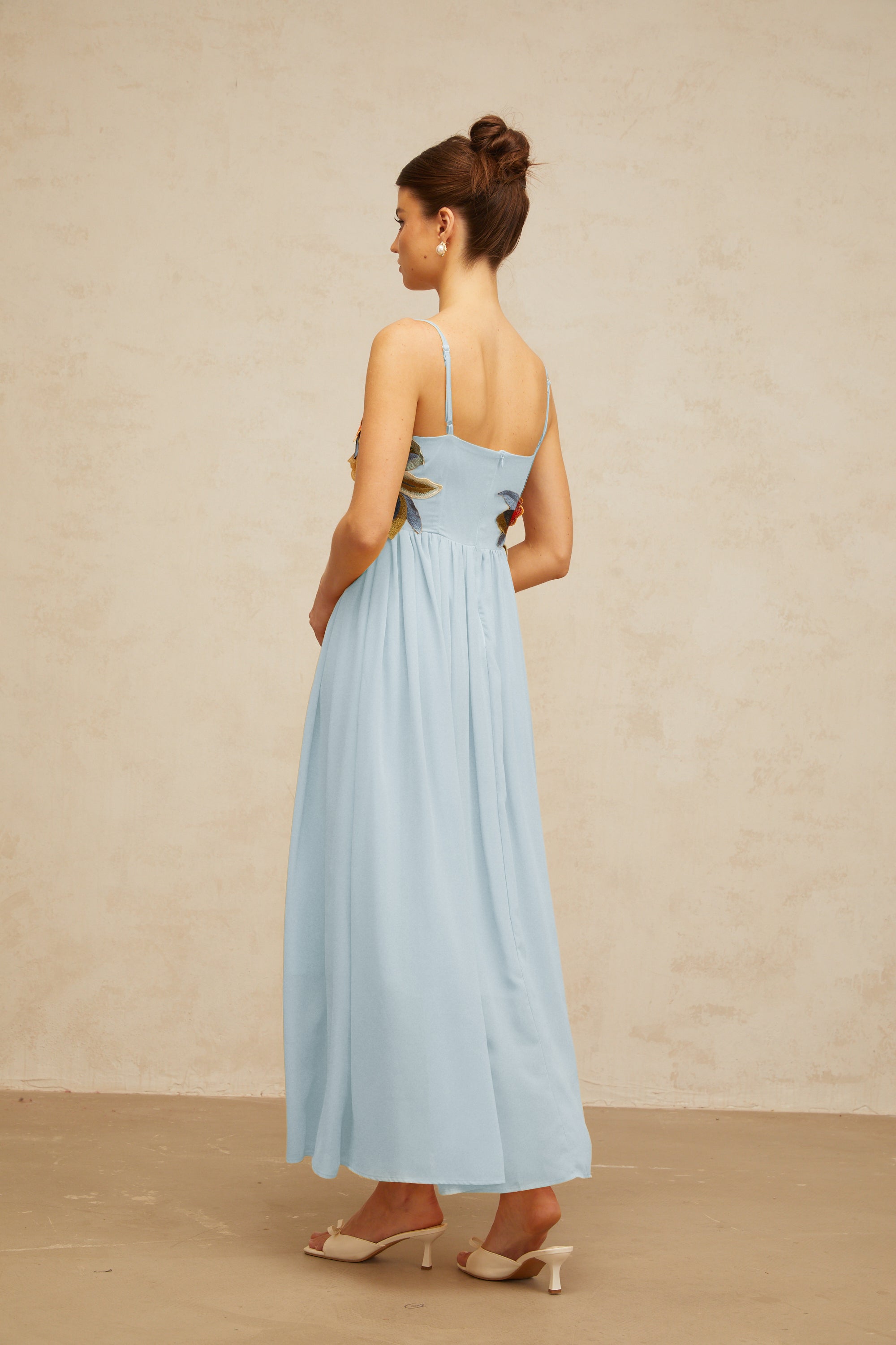 Josette floral-embroidered shirred maxi dress in Blue