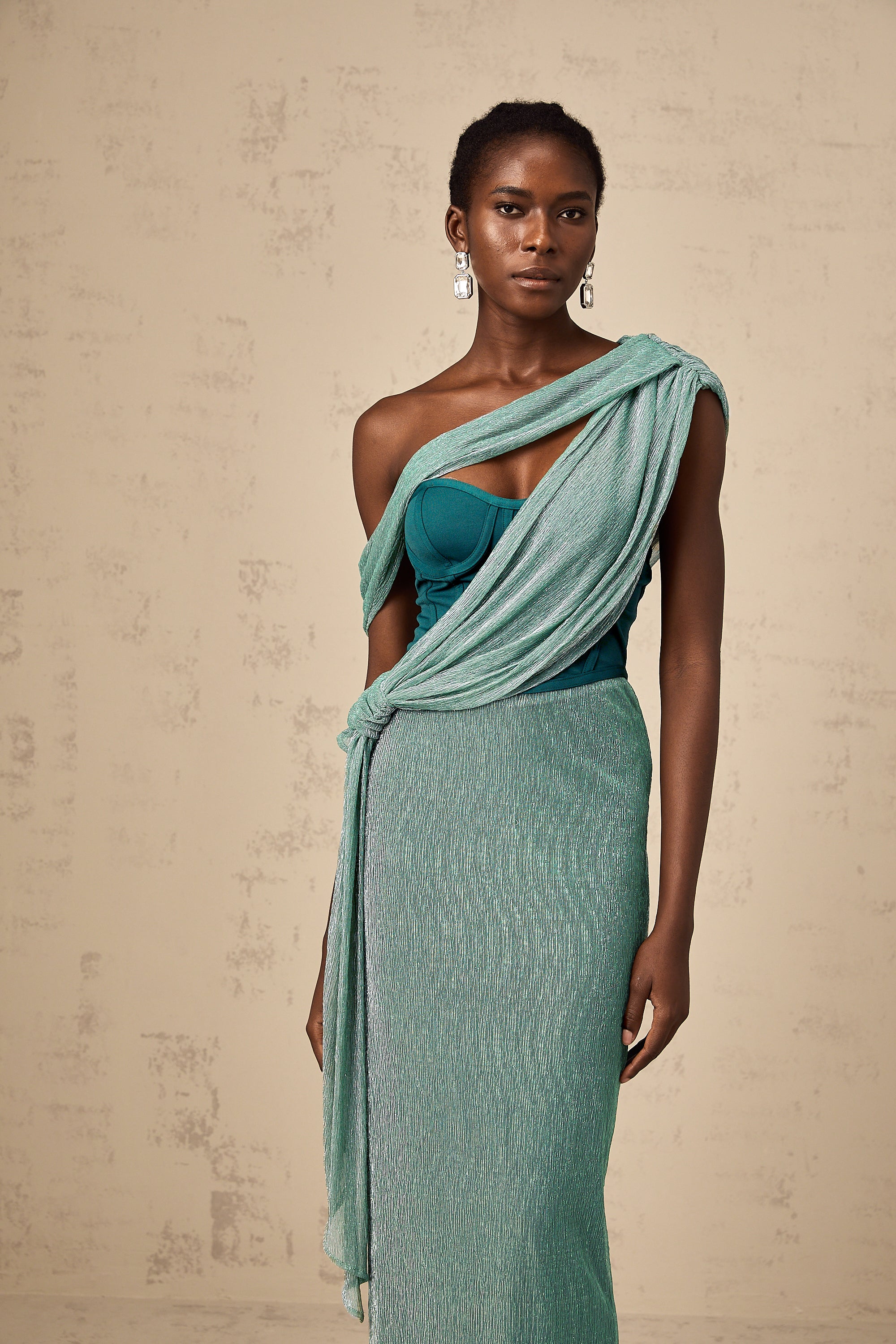 Delphine ribbon-design corset maxi dress in Green