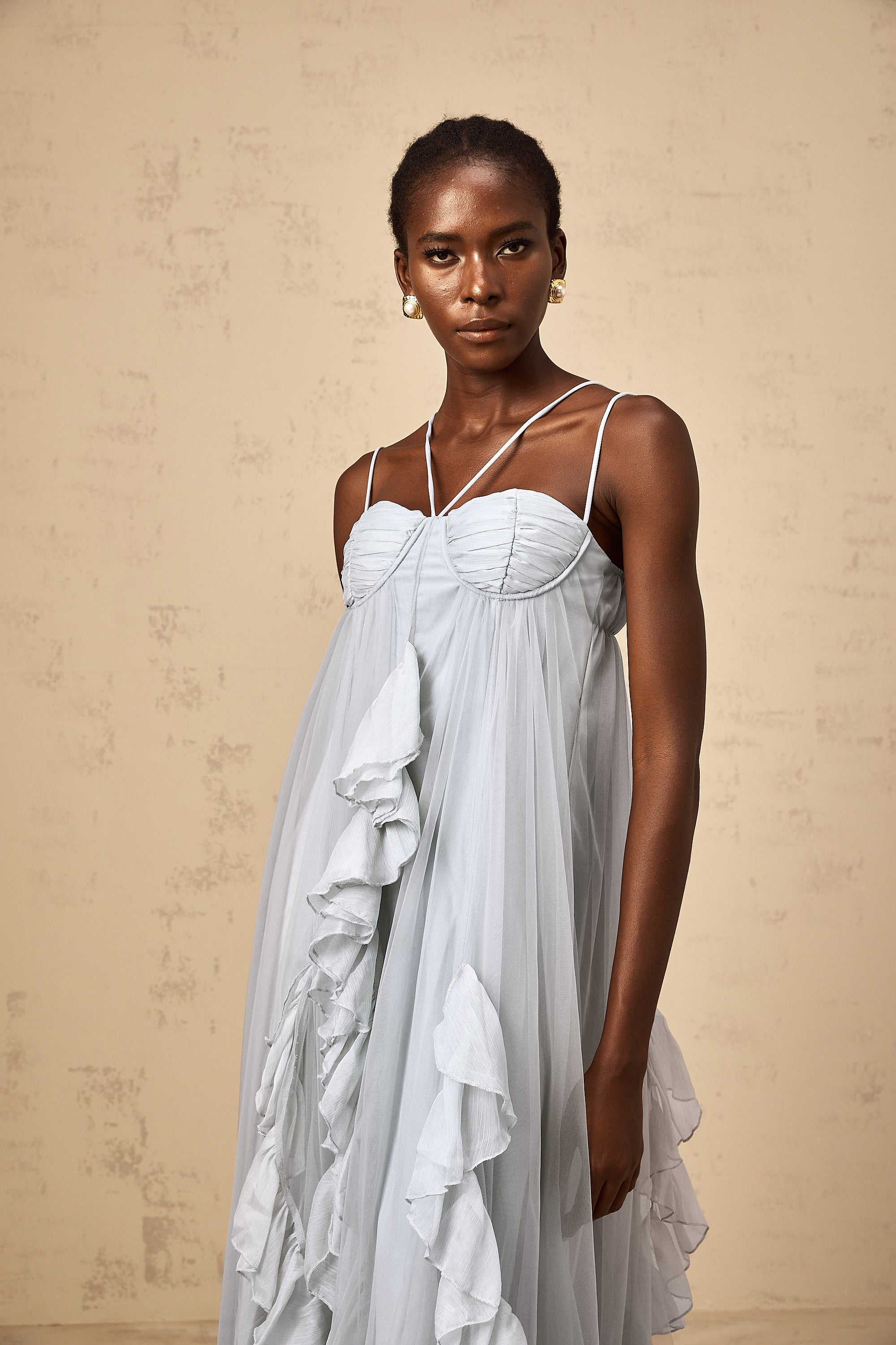 Colette layered ruffled tulle maxi dress in Blue